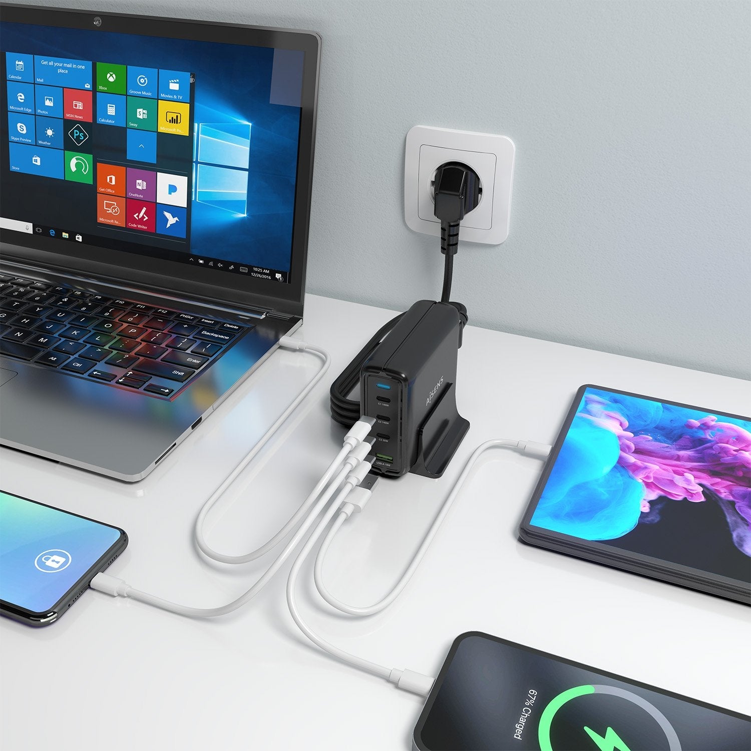 Aisens Cargador Sobremesa Gan 140w, 3xusb-C Pd3.1 Qc4.0 Qc5.0, 1xusb-A Qc3.0, Negro