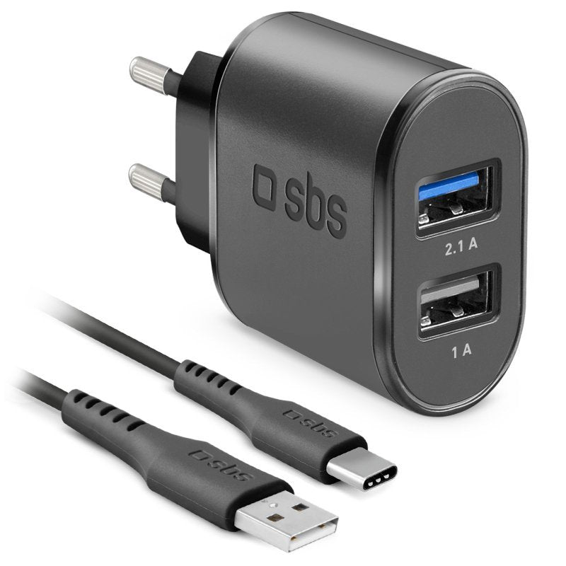 Kit Cargador De Pared Sbs 2x Usb 2100 Mah Carga Rapida Con Cable Tipo C Negro