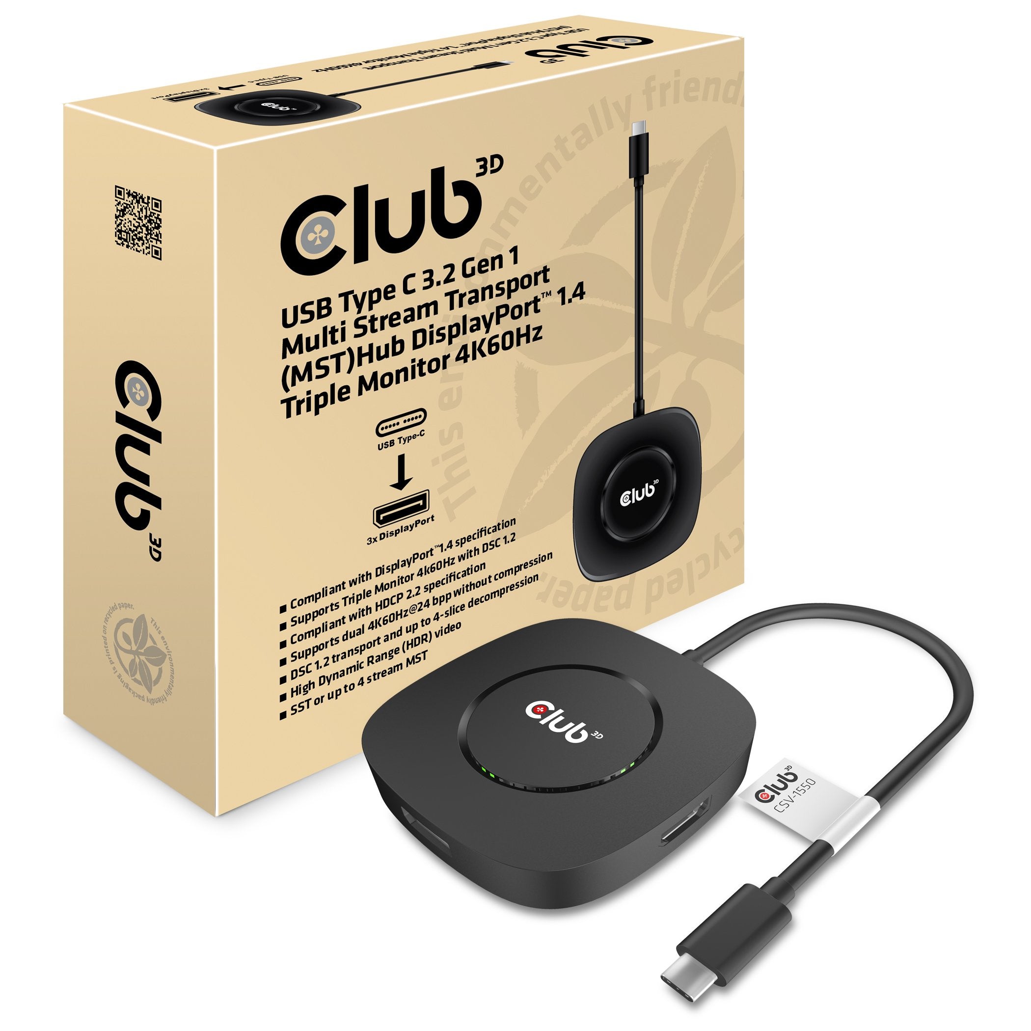 EAN 8719214471422 - CLUB3D USB TYPE C 3.2 GEN1 MULTISTREAM TRANSPORT MST HUB DISPLAY PORT 1.4 TRIPLE MONITOR DisplayPort male imagen 2