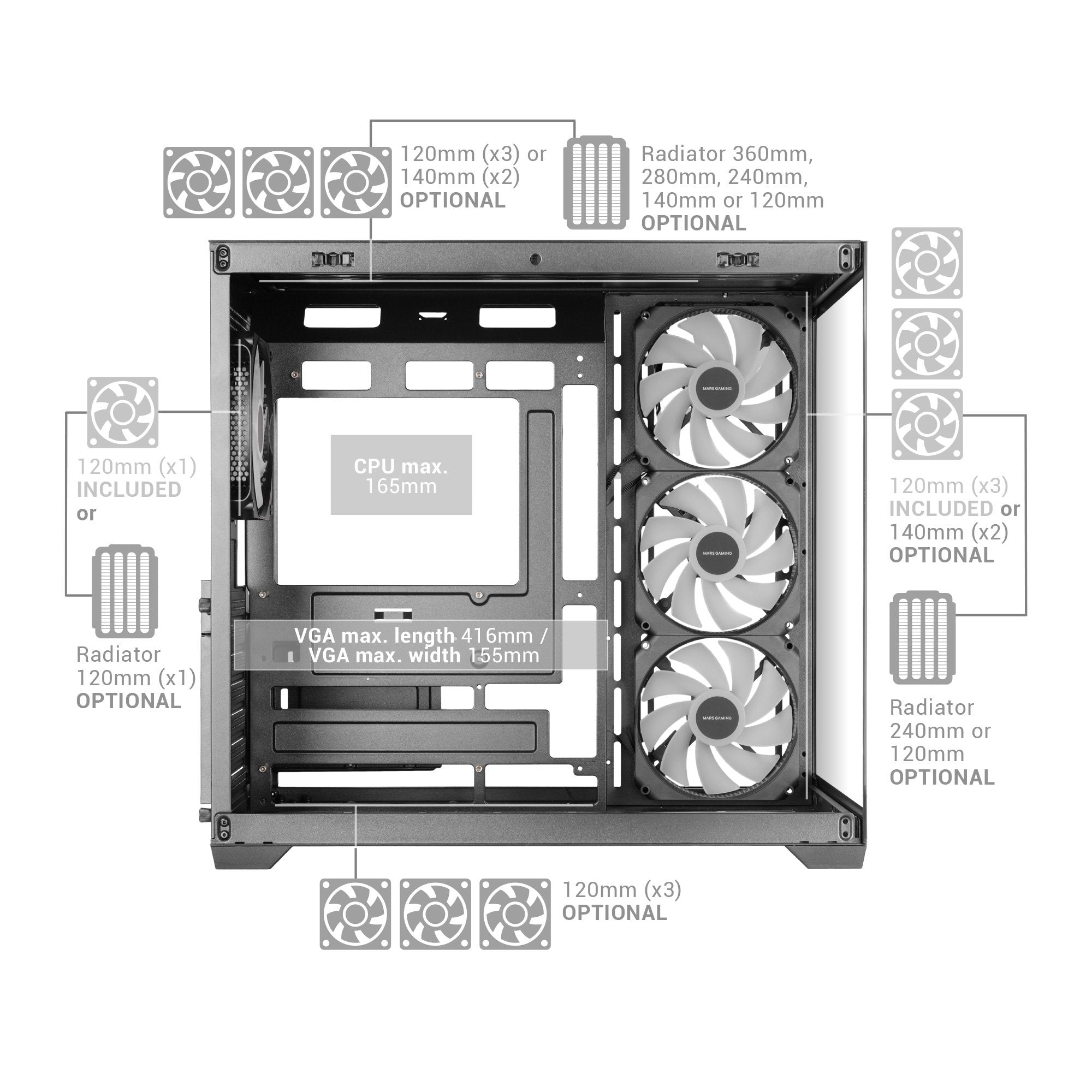 Caja Pc Atx Mars Gaming Mcv5 Cristal Templado Panoramico Argb Gpu 416mm Negra