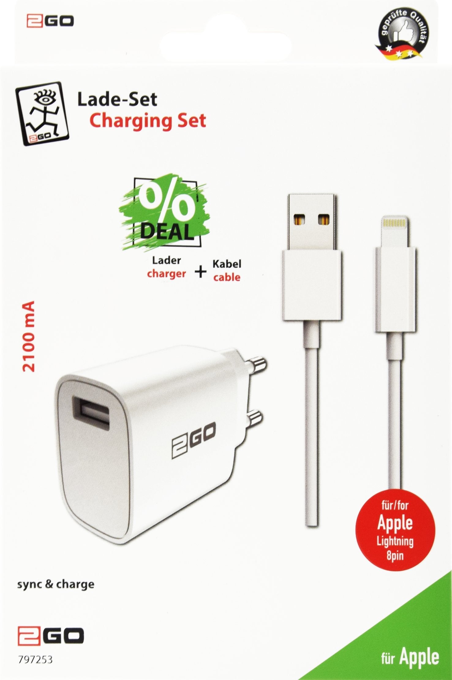 2go Cargador + Cable Lightning Blanco Para Apple