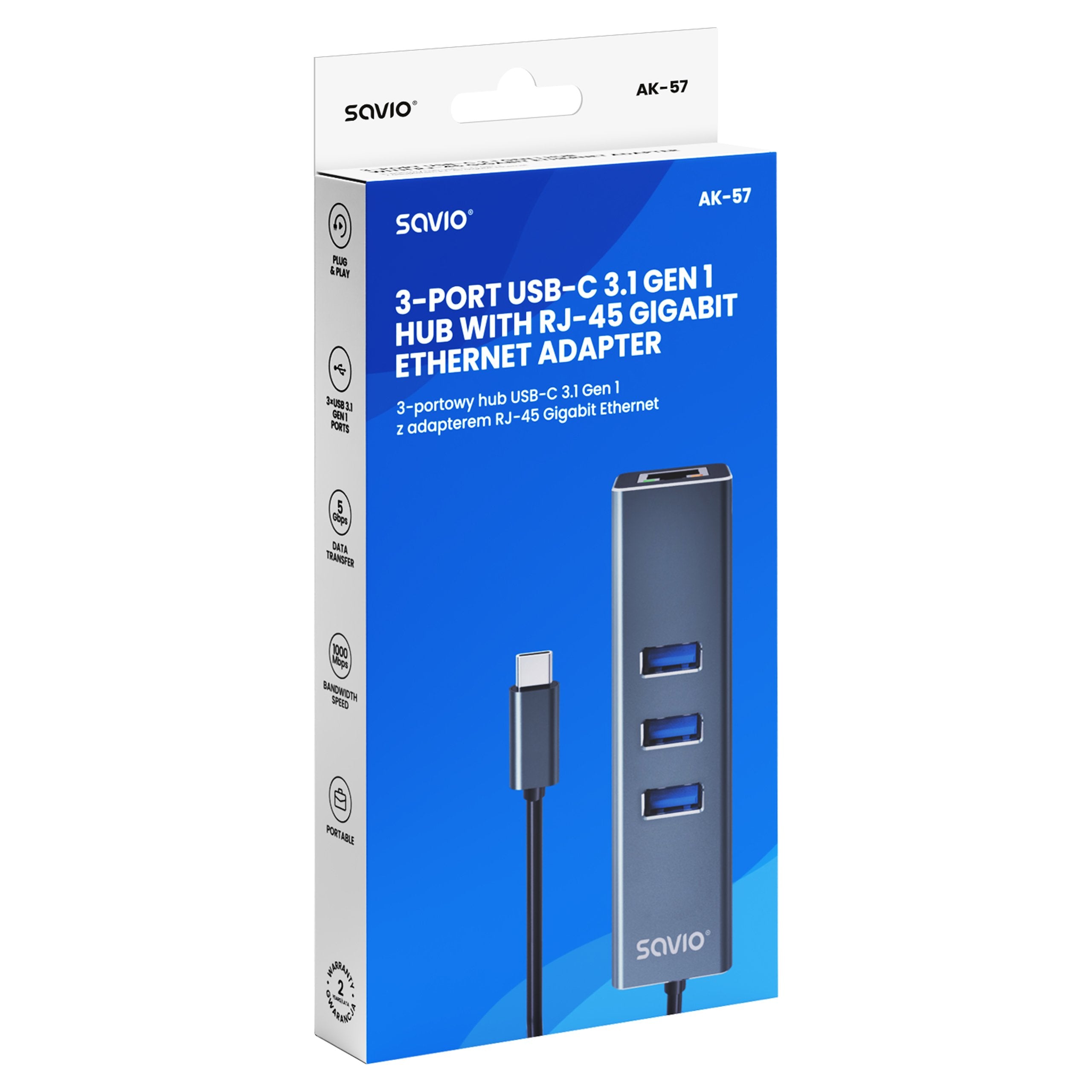 EAN 5901986047766 - Savio AK-57 USB-C - 3 x USB-A HUB with RJ-45 Gigabit Ethernet adapter 5000 Mbit/s grey 2 x USB 3.2 Gen 2 imagen 6