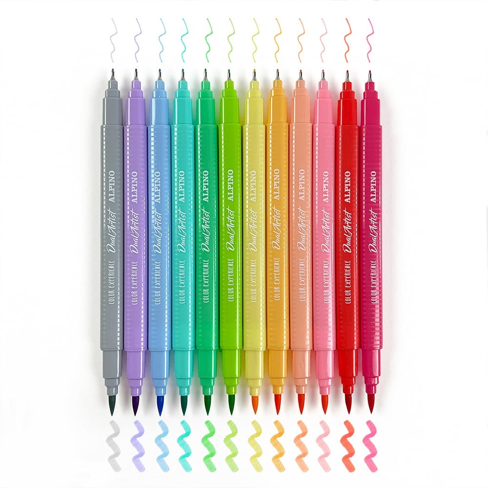 Alpino Color Experience Pack De 12 Rotuladores Pastel Doble Punta - Forma Triangular Ergonomica - Puntas Fine Liner De 0.7mm Y Pincel De 2.9mm - Colores Surtidos