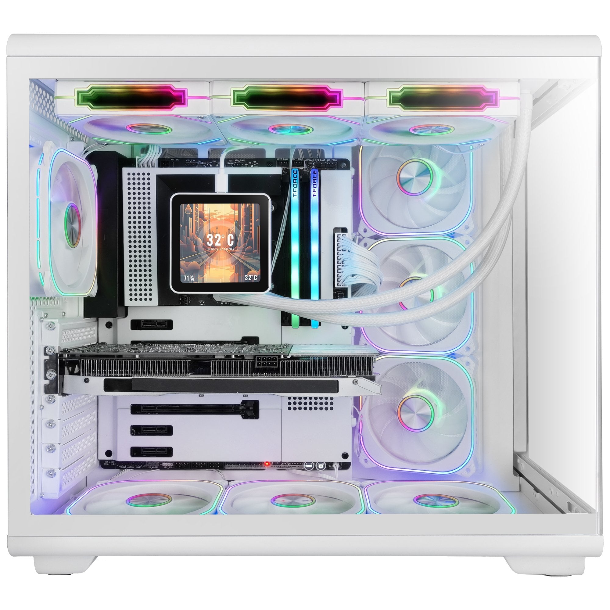 Caja Pc Atx Mars Gaming Mc-Revpro Pantalla Lcd 4.3" Cristal Templado 4x Ventiladores Argb Blanco