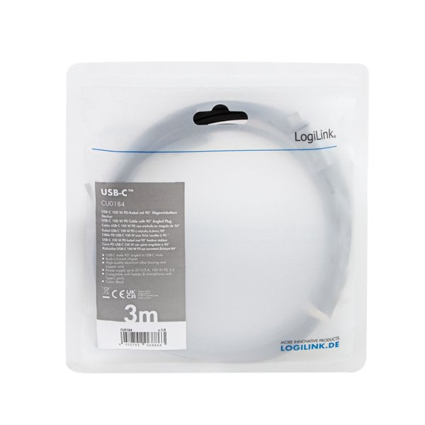 Cable De 3,00m Usb-Pd 2.0 0,48 Gbit/S Pd100w Usb-C Macho 90º A Usb-C Macho Negro E-Mark Carga Y Datos