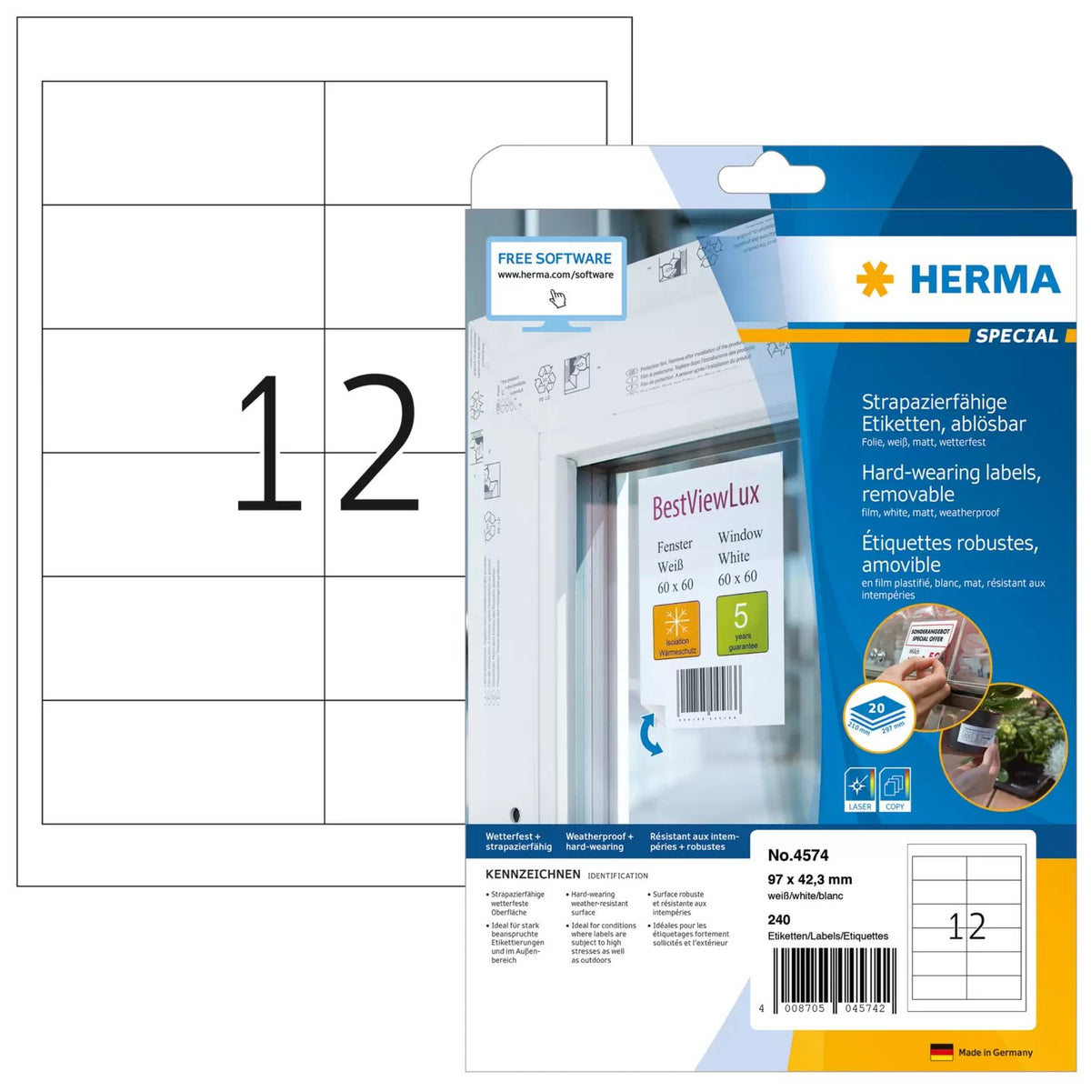 EAN 4008705045742 - HERMA 4574 etiqueta autoadhesiva Desmontable Blanco 240 pieza(s) imagen 1
