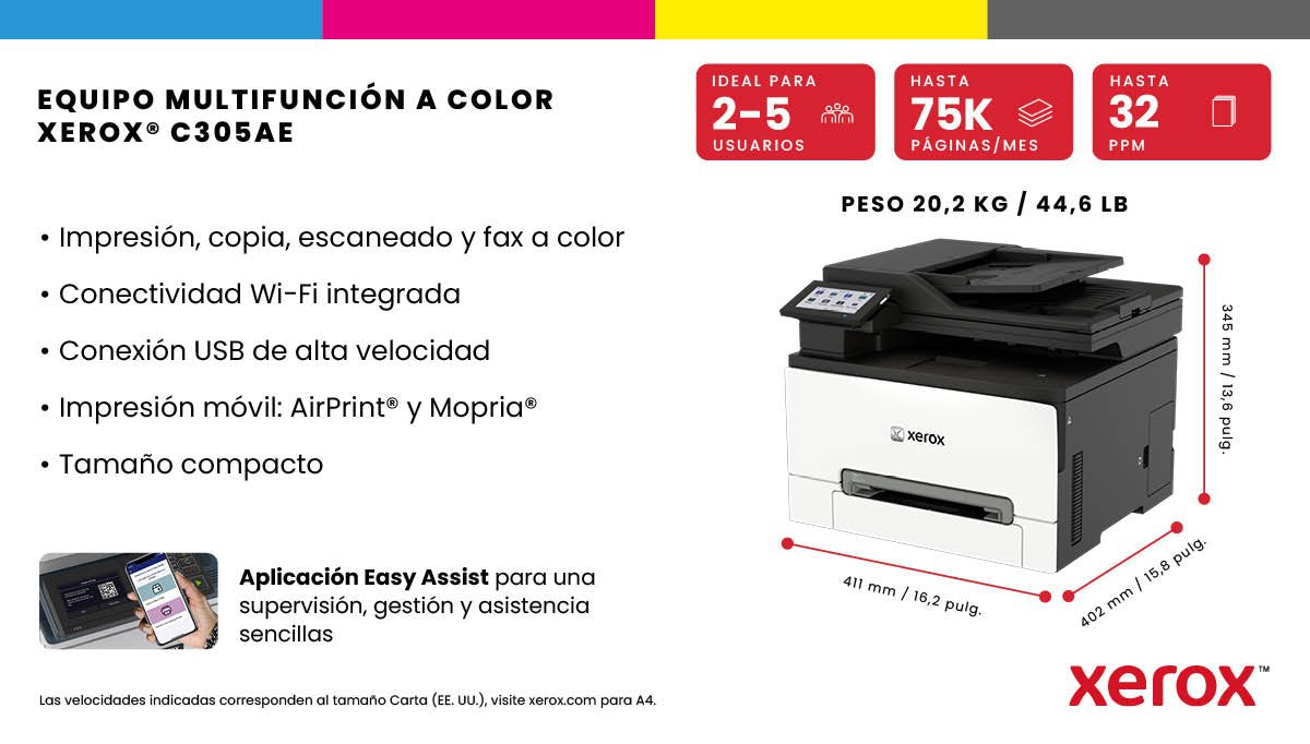 Xerox C305v/Aeeu Impresora Multifunción Color Laser A4/Legal (Material) Hasta 30 Ppm (Copiando) Hasta 30 Ppm (Impresión) 250 Hojas 33.6 Kbps Usb 2.0 Gigabit Lan Wi-Fi(Ac) Host Usb 2.0