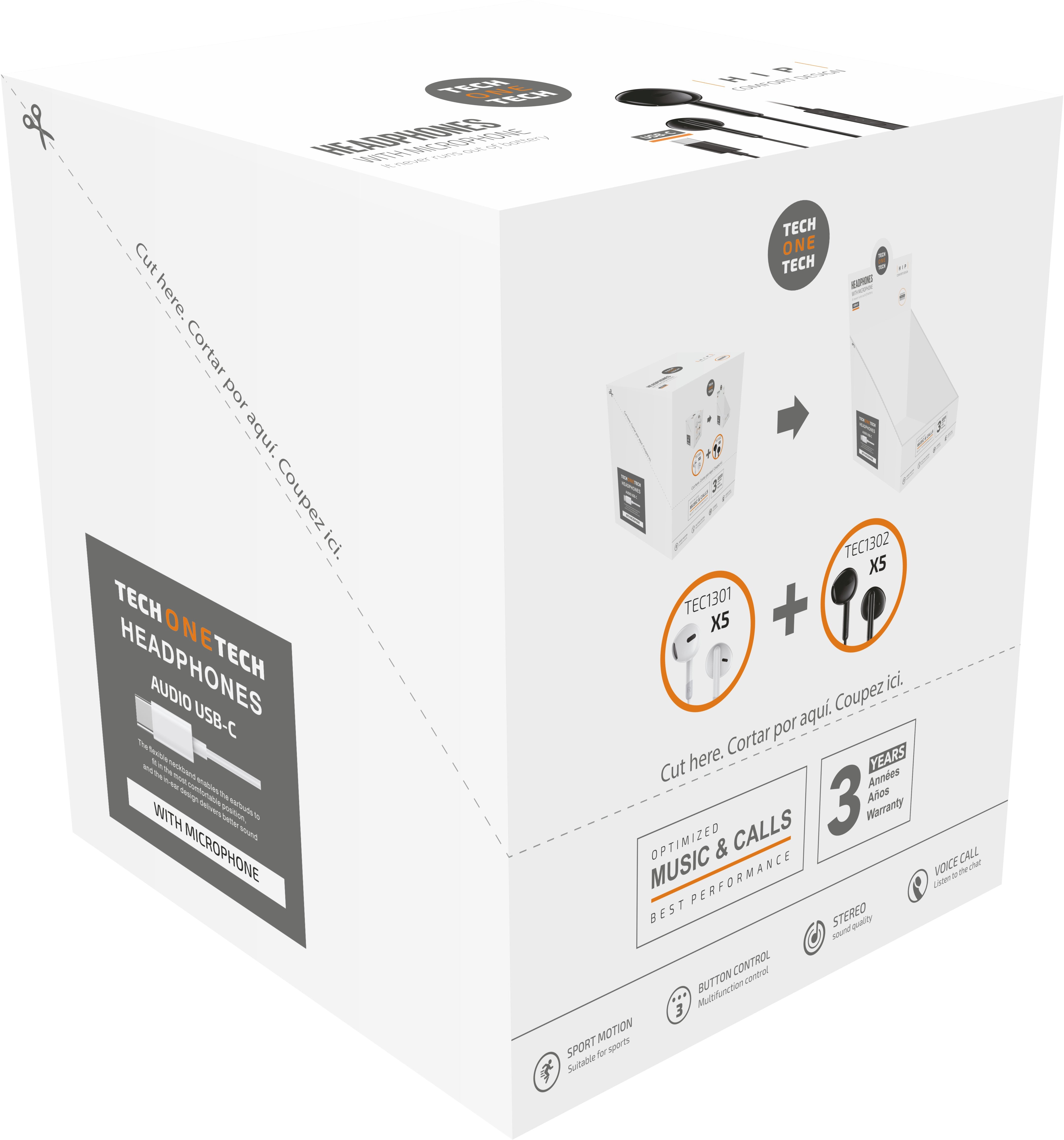 Expositor De Auriculares Tech One Tech Eartech Tec1303 Con Micrófono Usb Tipo-C Incluye 5 Auriculares Blancos Y 5 Auriculares Negros
