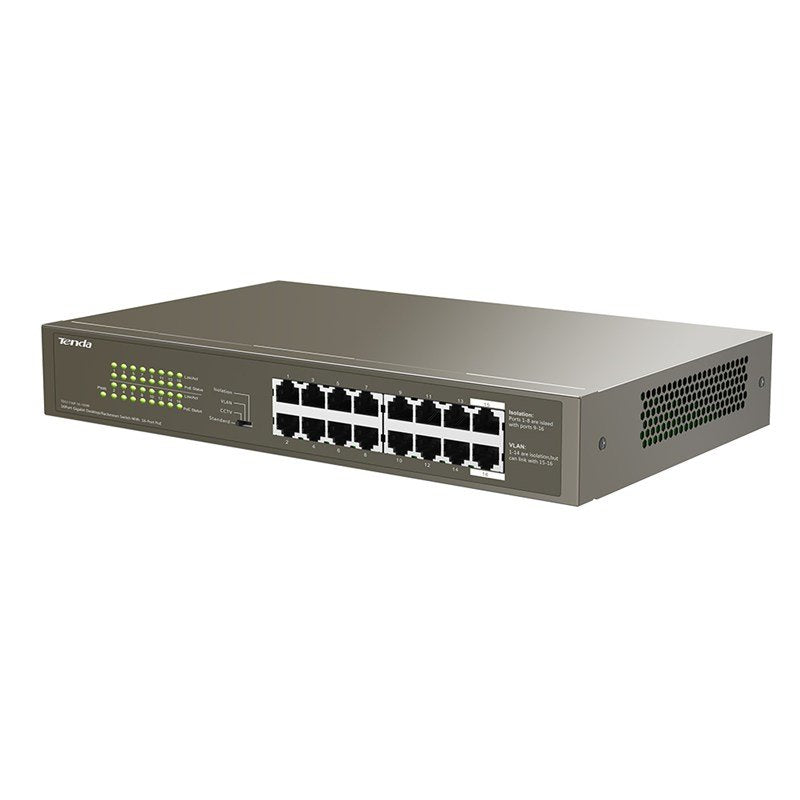 Switch Tenda Teg1116p-16-150w - 16 Puertos 10/100/1000 (Datos/Poe) - Alimentación Externa - Potencia Total Poe 135w - Enracable 1u
