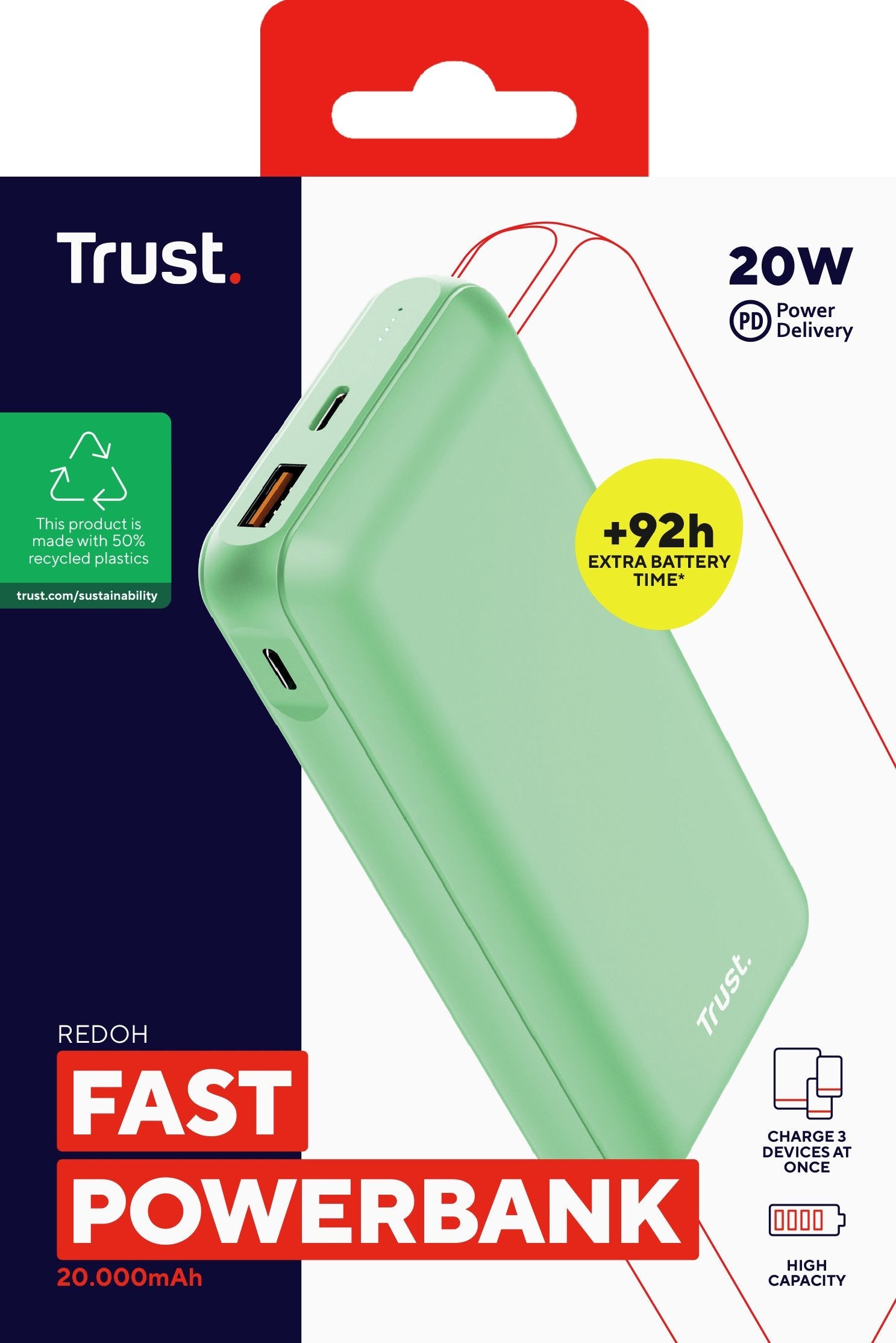 Powerbank Universal Trust 25035 Redoh 20000mah Color Verde 18w Carga Rapida 2xusb-C 1xusb-A
