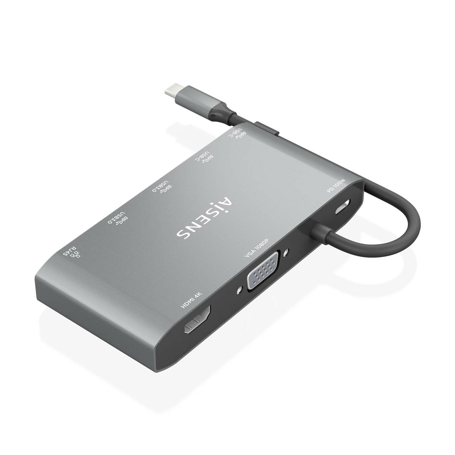Aisens Usb-C Dock 8 En 1 - Usb-C A 1xhdmi - 1xvga - 1xrj45 - 2xusb-A - 2xusb-C 5g - 1xusb-C Pd - 20cm - Gris