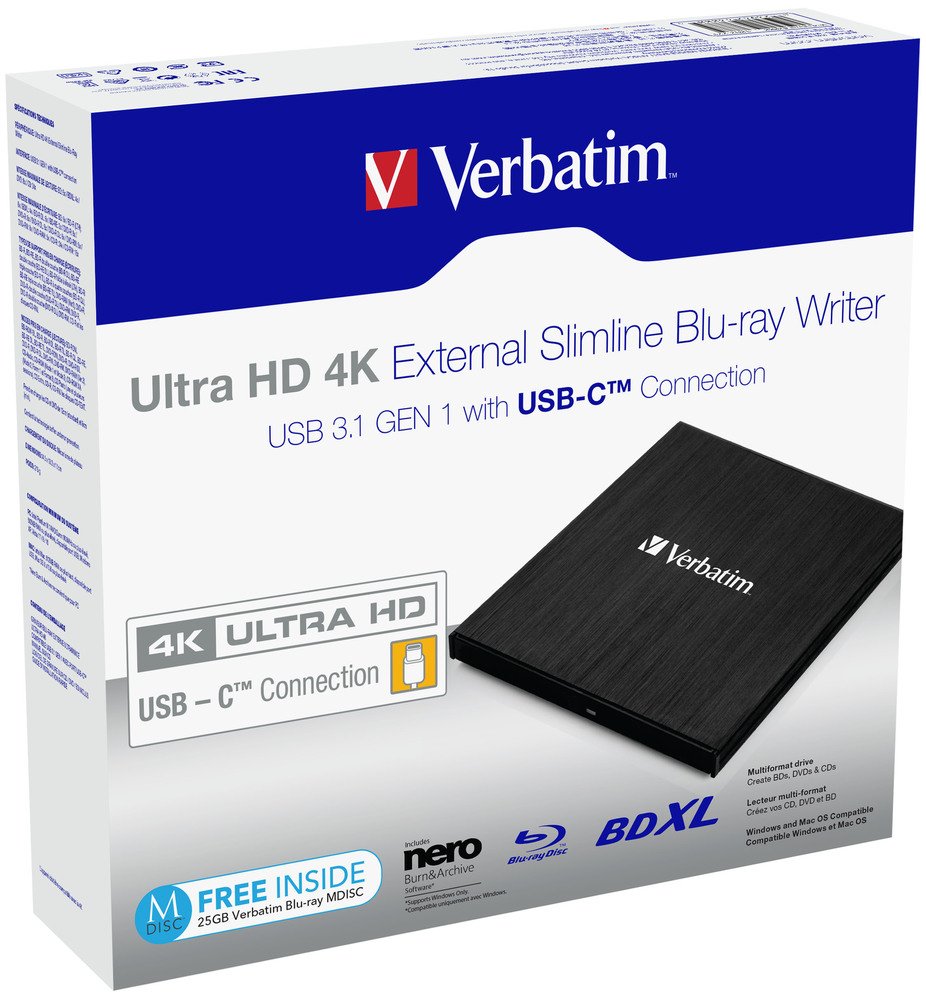 Grabadora Externa Verbatim Slimline Blu-Ray Uhd 4k 43888 Lectura 6x/Excritura 4x Compatible Con Mdisc Usb 3.1 Gen 1