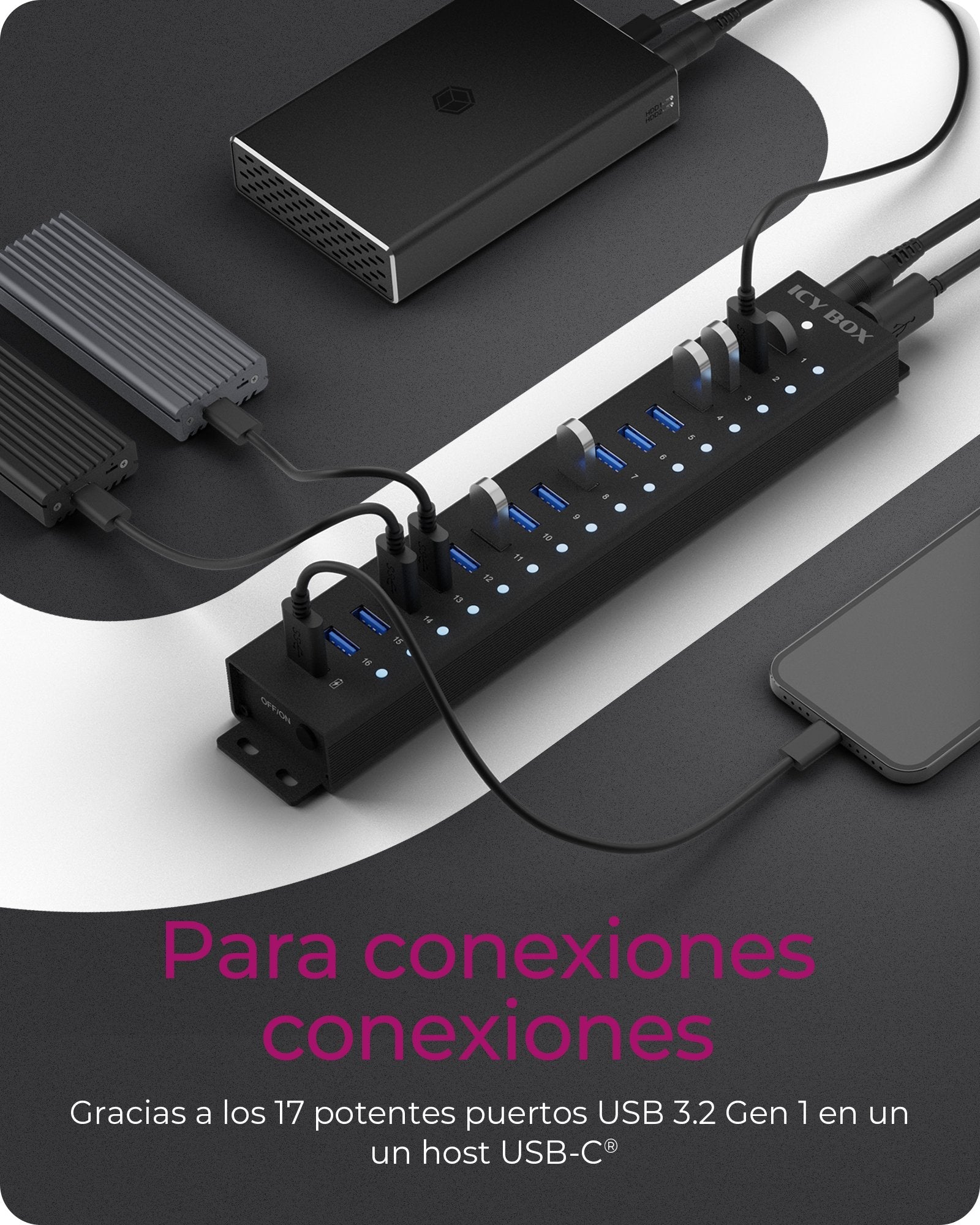 EAN 4250078173281 - ICY BOX IB-HUB1717-U3 USB 3.2 Gen 1 (3.1 Gen 1) Type-A 5000 Mbit/s Negro imagen 2