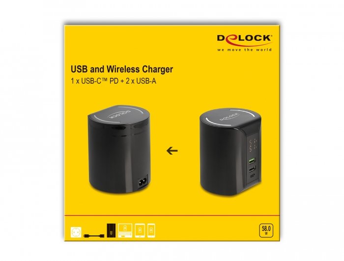 Delock Usb Und Cableloses Cargador 1 X Usb Type-C Pd + 2 X Usb Typ-A Mit 58 W