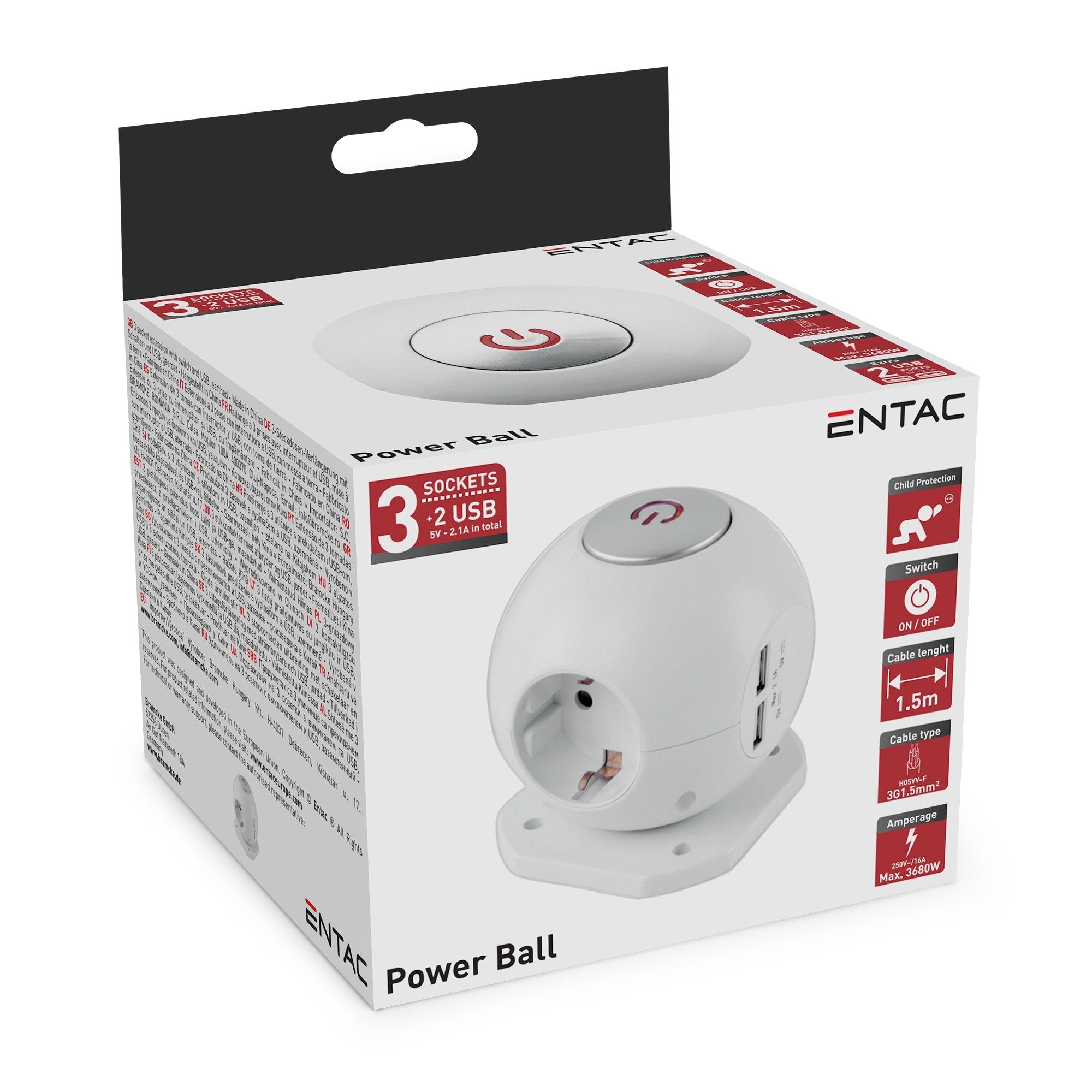 Entac Meckdosenball 3fach Con Usb 1,5m Schalter Blanco