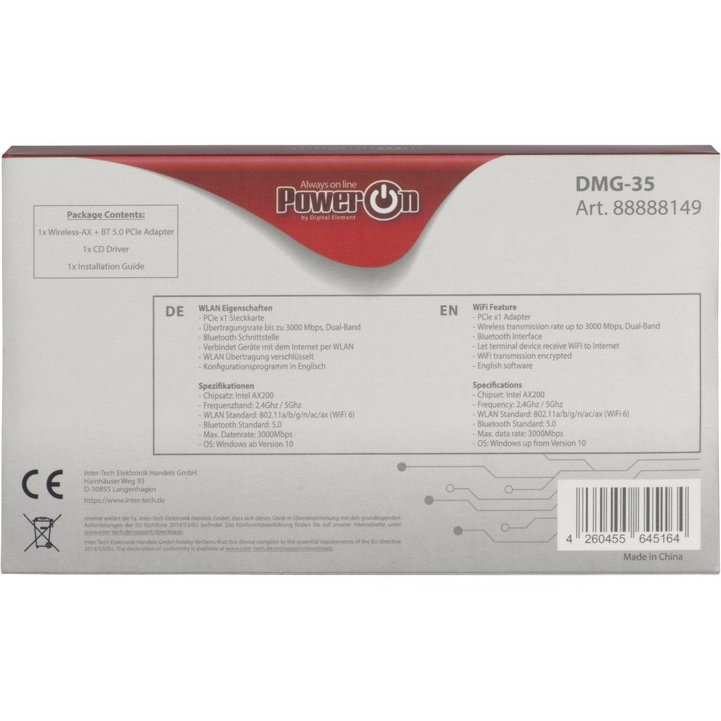 Inter-Tech Adaptador Wi-Fi6 + Bt5.0 Pcie Antena Dmg-35 3000