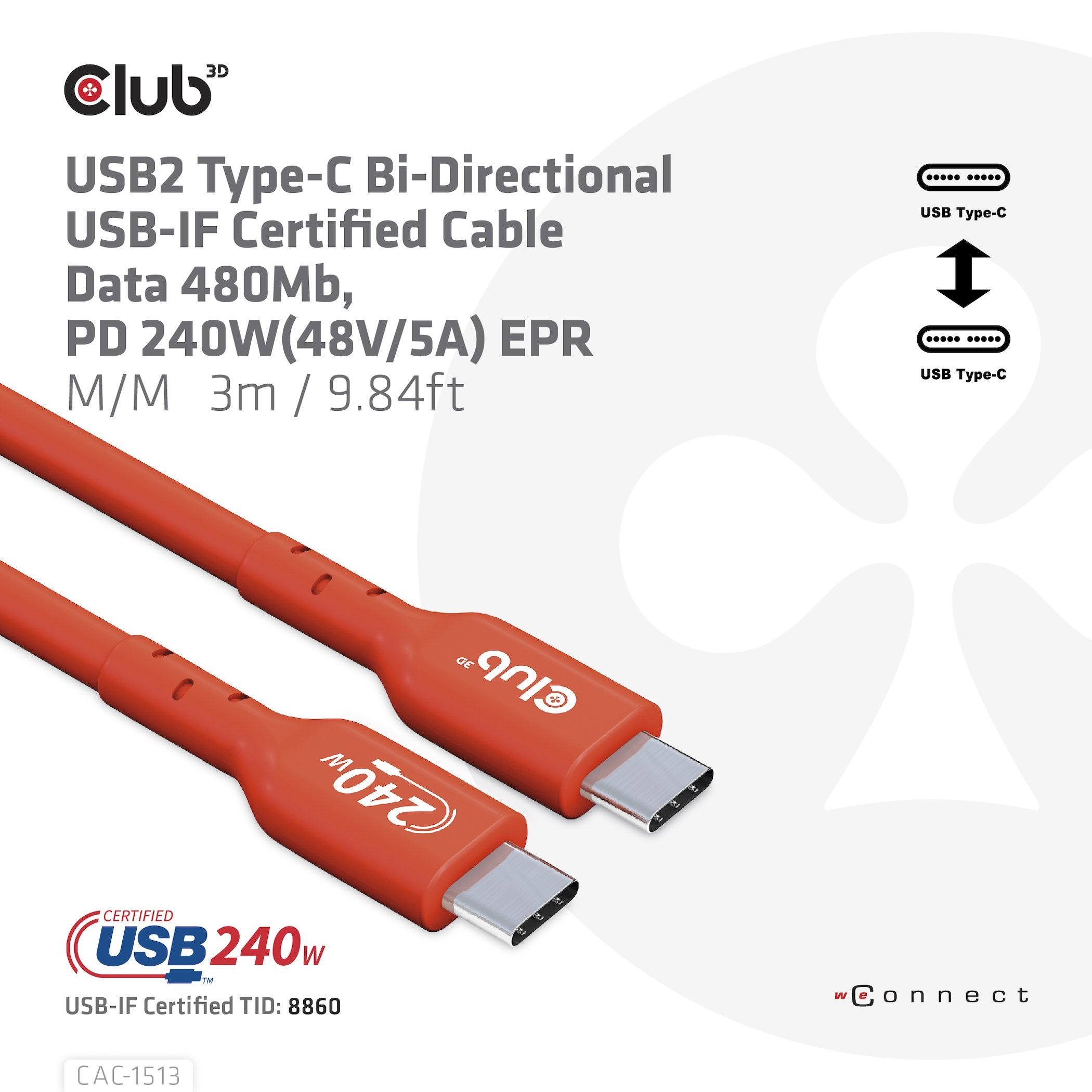 Club3d Cable Certificado Usb2 Tipo C Bidireccional Usb-If Datos 480 Mb, Pd 240 W (48 V/5 A) Epr M/M 3 M/9,84 Pies