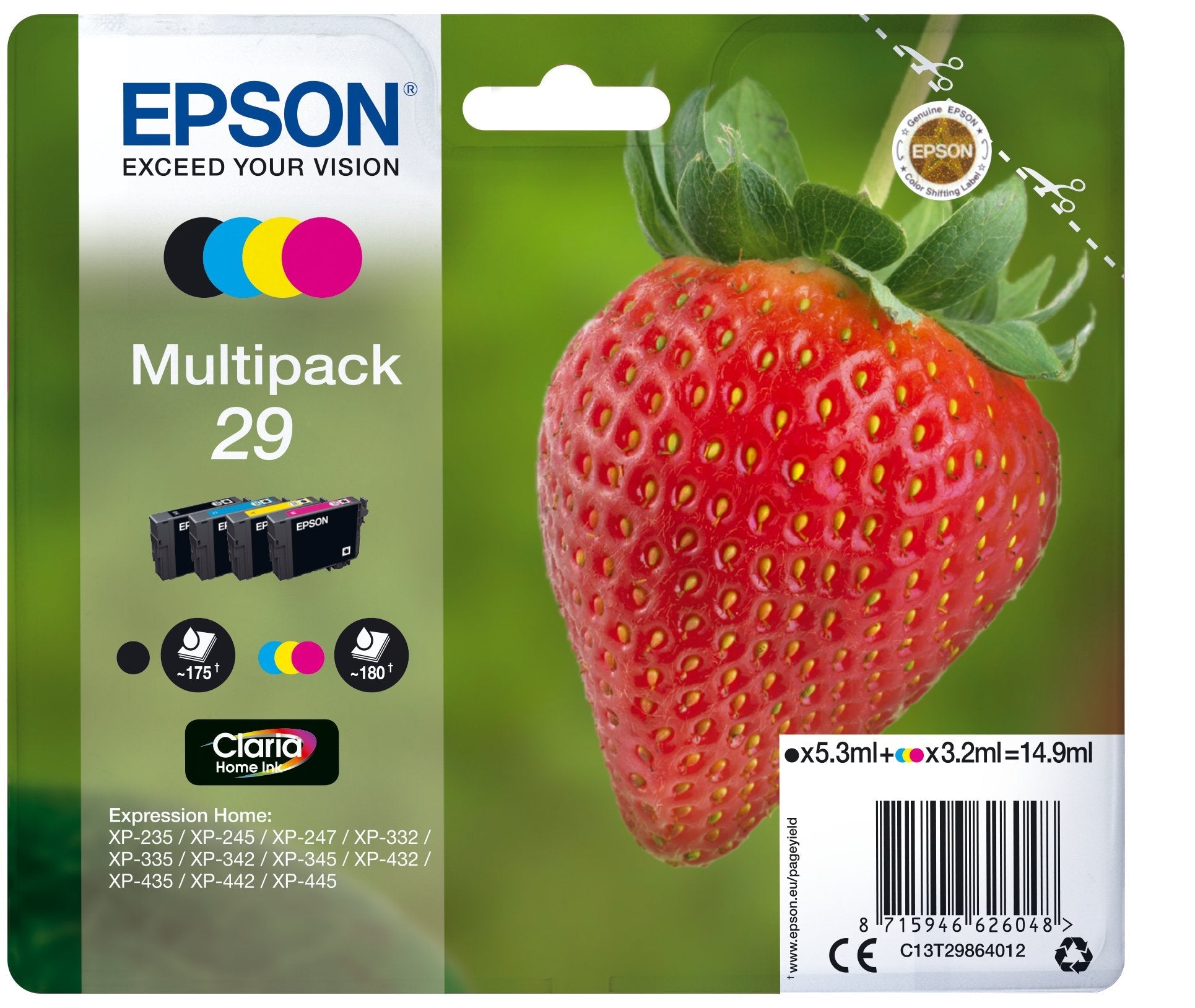 Pack Cartucho Original Epson 29 Bk+C+M+Y - C13t29864010 Ml-3.2pag-180