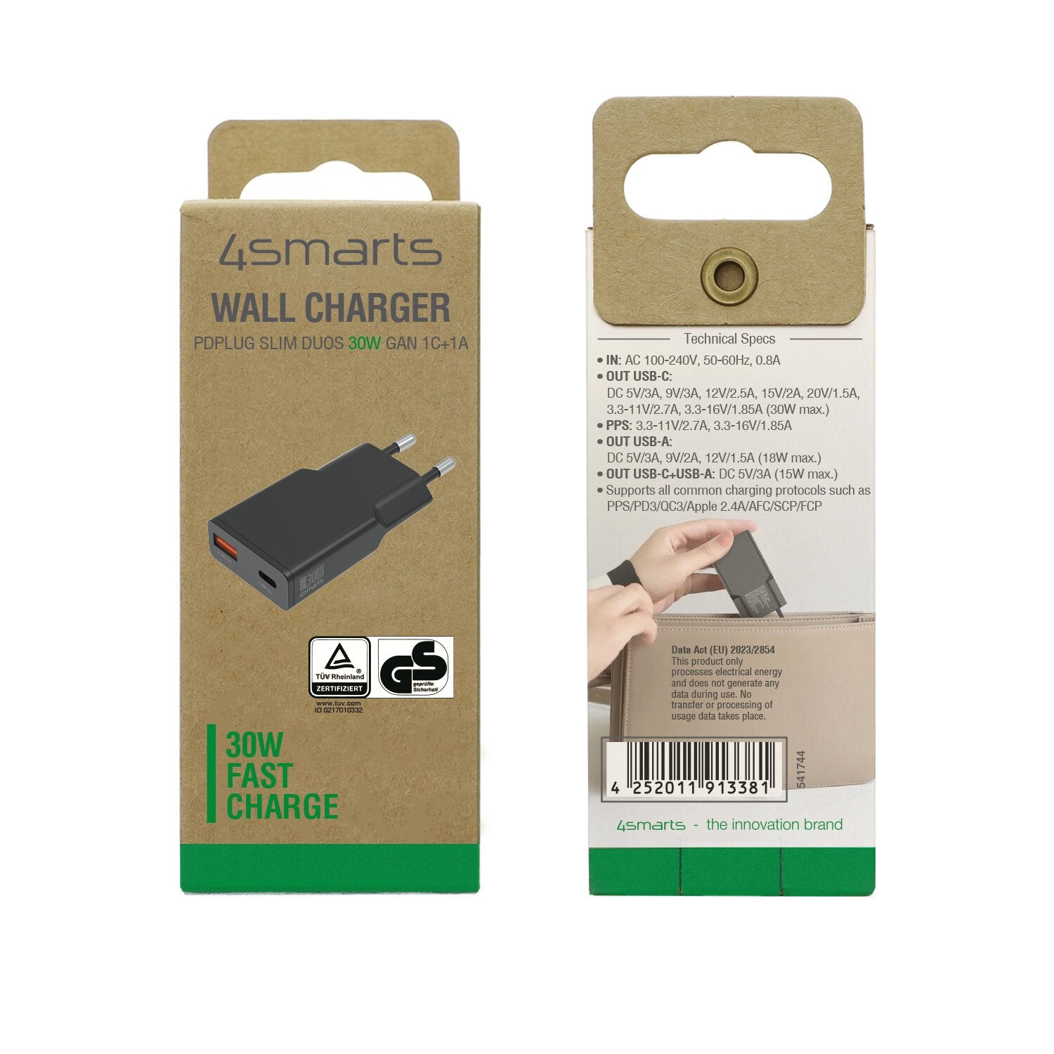 4smarts Cargador De Pared Pdplug Slim Duos 30w Gan 1c+1a, Negro