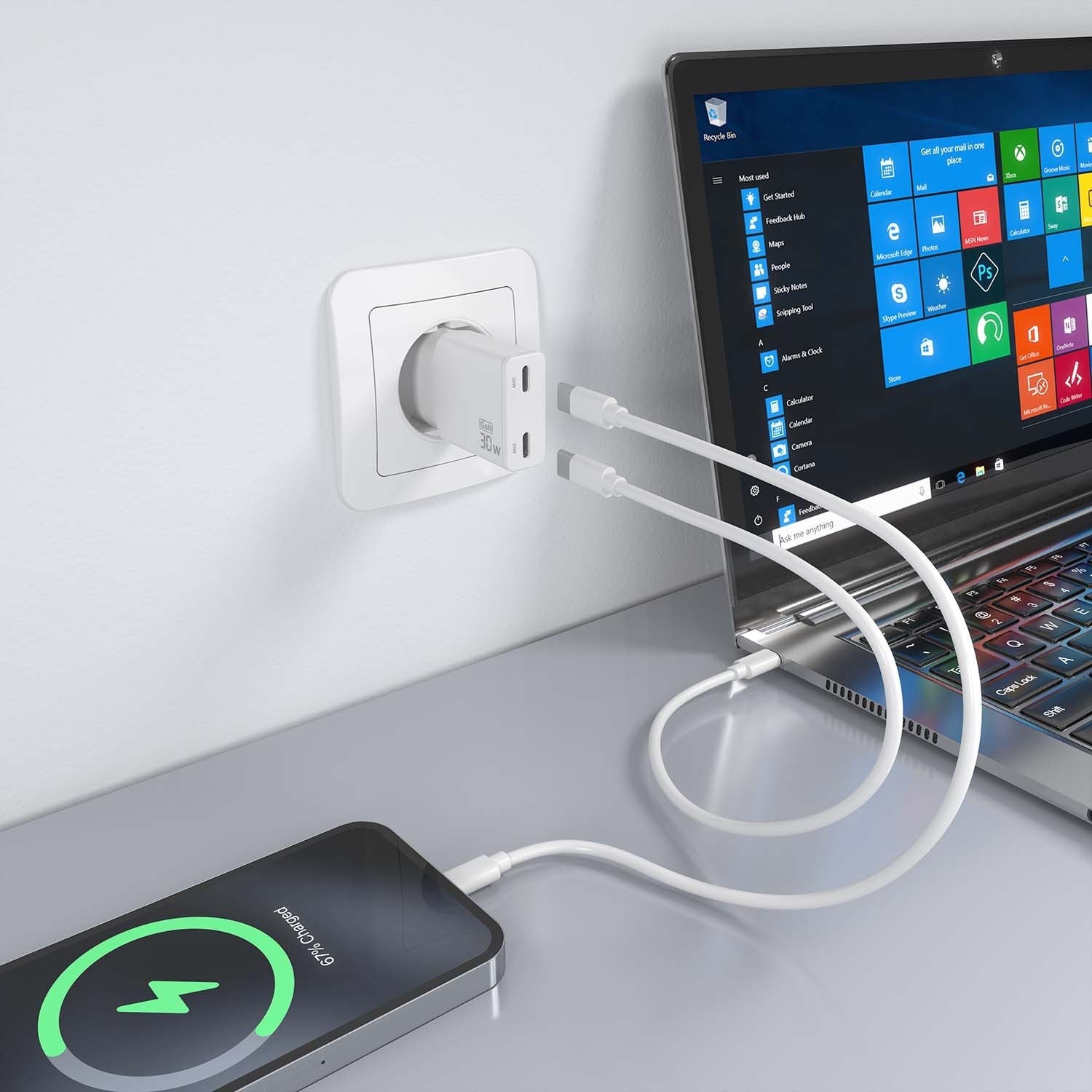 Aisens Cargador Gan Ultra Delgado 30w, 2xusb-C Pd3.0 Qc4.0, Blanco