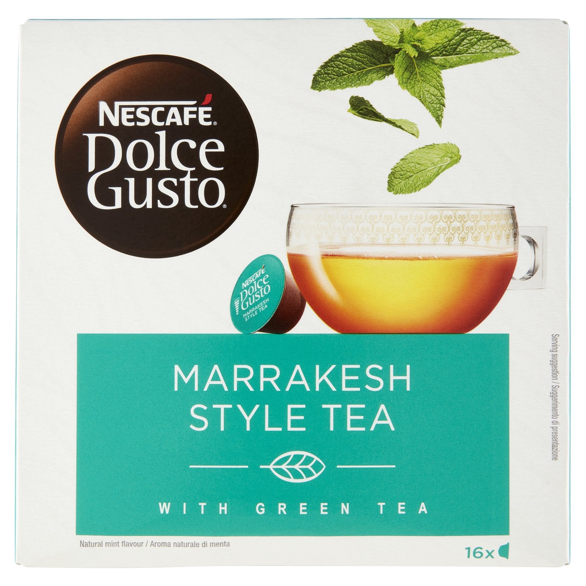 Nescafé Dolce Gusto Marrakesh Style Tea. Tipo De Producto: Cápsula De Té Tipos De Bebida: Té Verde Adición Aromática: Menta. Valor Energético (Por Porción): 20 Kcal Valor Energético (Por 100 G): 392 Kcal Valor Energético (Por Ración): 85 Kj