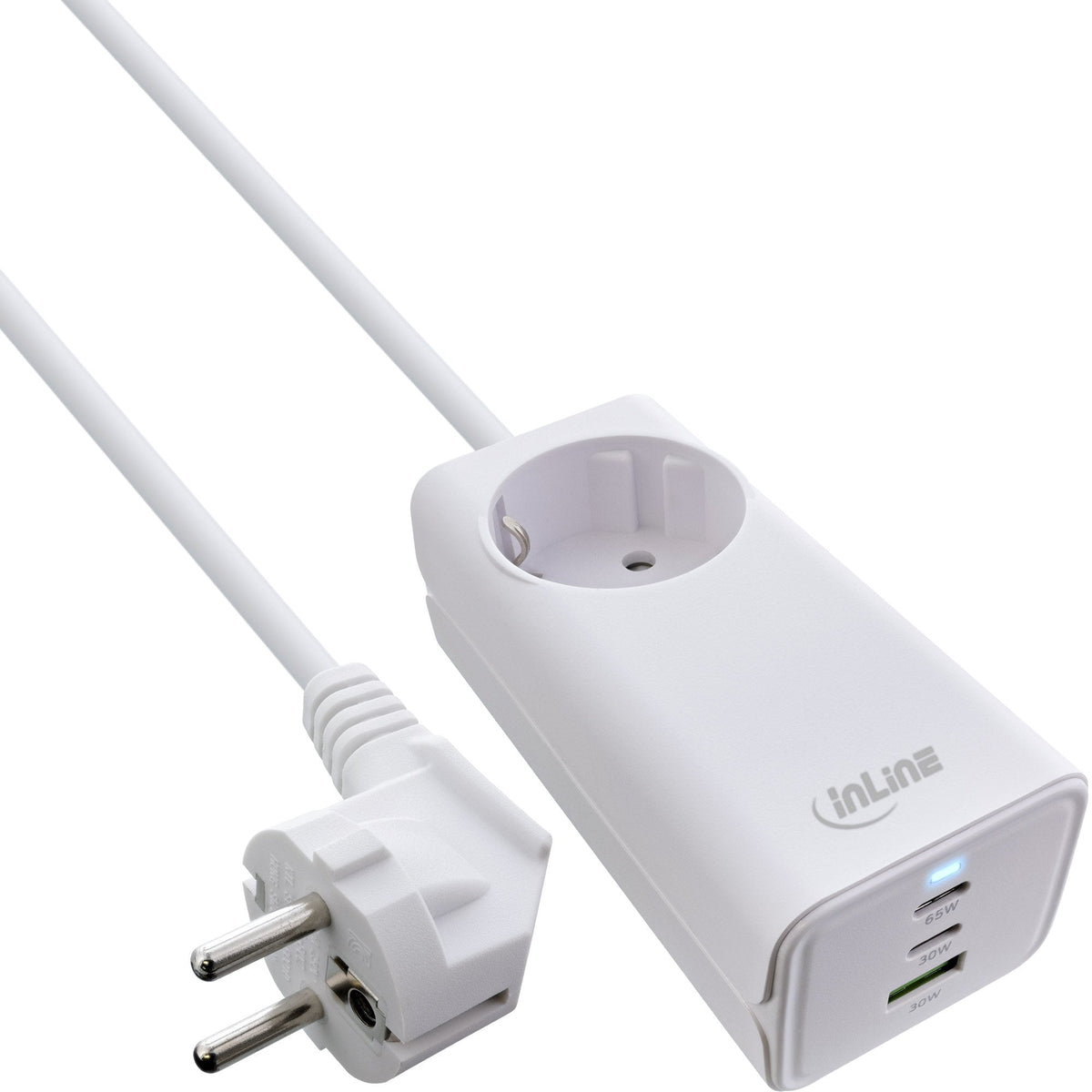 Inline® Usb Power Supply, 65w Charger, 2x Usb-C + 1x Usb-A, With Safety Socket And 1.5m Cable, Pd3.0 Pps Gan, White