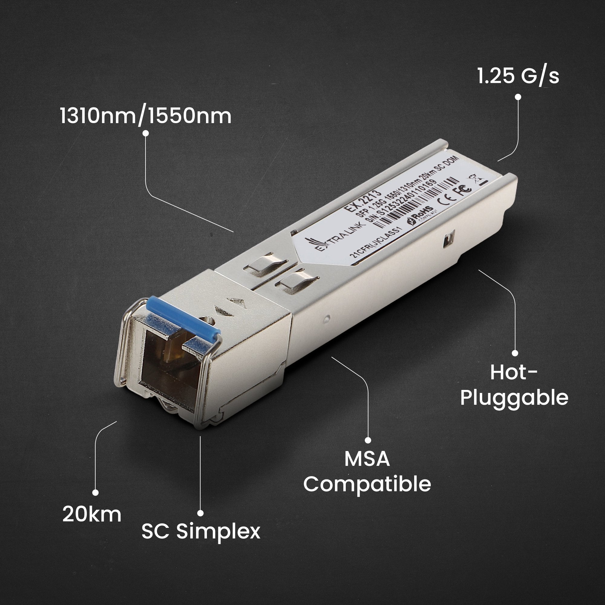 Extralink Sfp 1.25g Sfp Wdm Módulo 1,25gbps, 1310/1550nm, Single Mode, 20km, Sc, Dom, Pair
