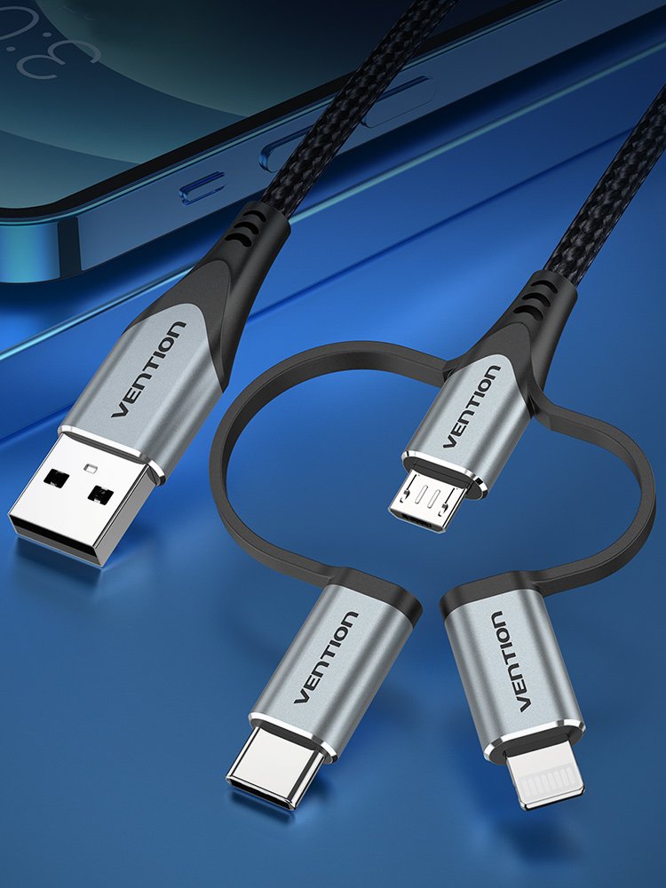 Cable Usb Tipo-C Vention Cqjhf Usb Macho Usb Tipo-C Macho Microusb Macho Lightning Macho 1m Gris