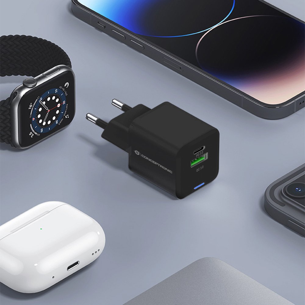 Conceptronic Cargador 2port 20w,1xusb-C,1xusb-A 1.5m Sw