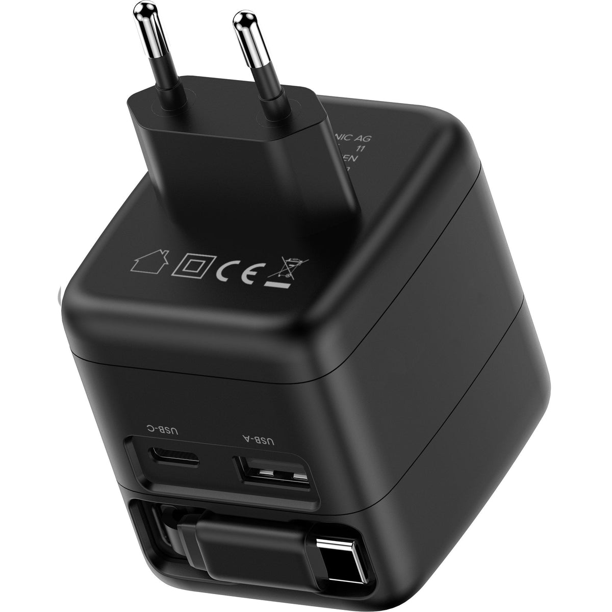 Inline Usb Fuente De Alimentación - 70w - Gan - Usb-C Pd + Usb-A Qc - Cable 60cm - Negro