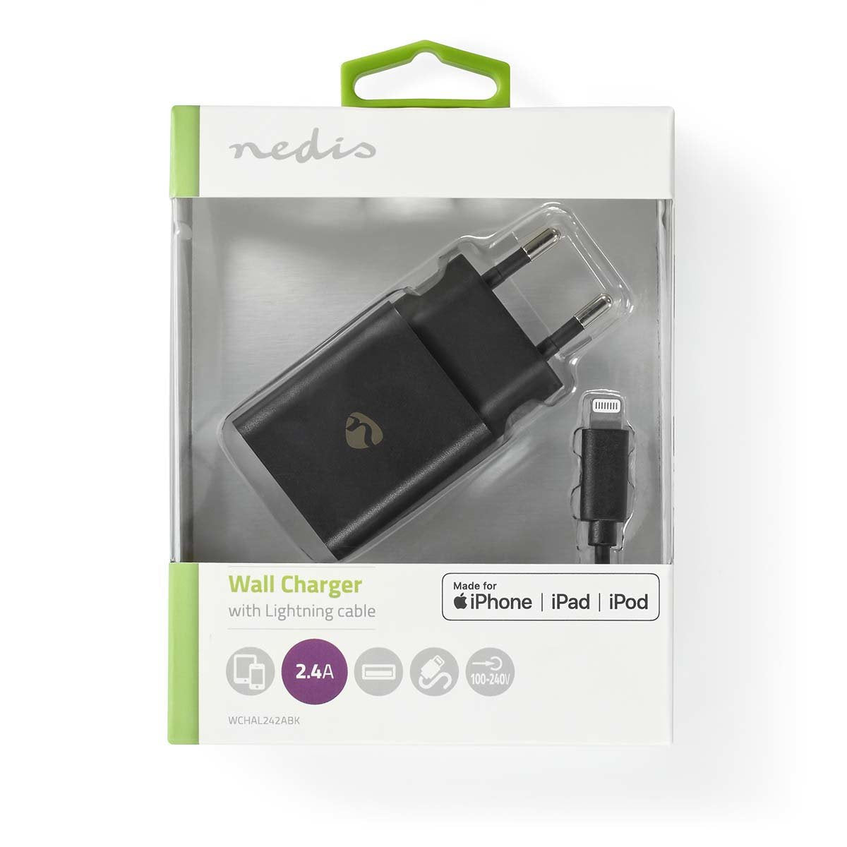 Nedis Cargador 1x 2.4 A Usb-A Lightning De 8 Pines (Suelto) Cable 1.0m/12w Negro