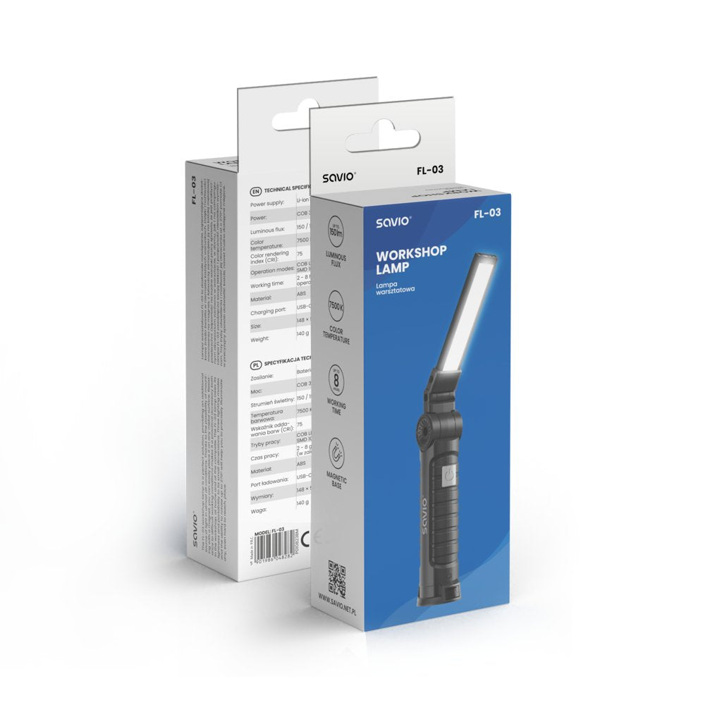 Lámpara De Taller Savio Fl-03 Cob Led 3w Recargable, Usb-C, 150 Lm, Cabezal Giratorio, Imán