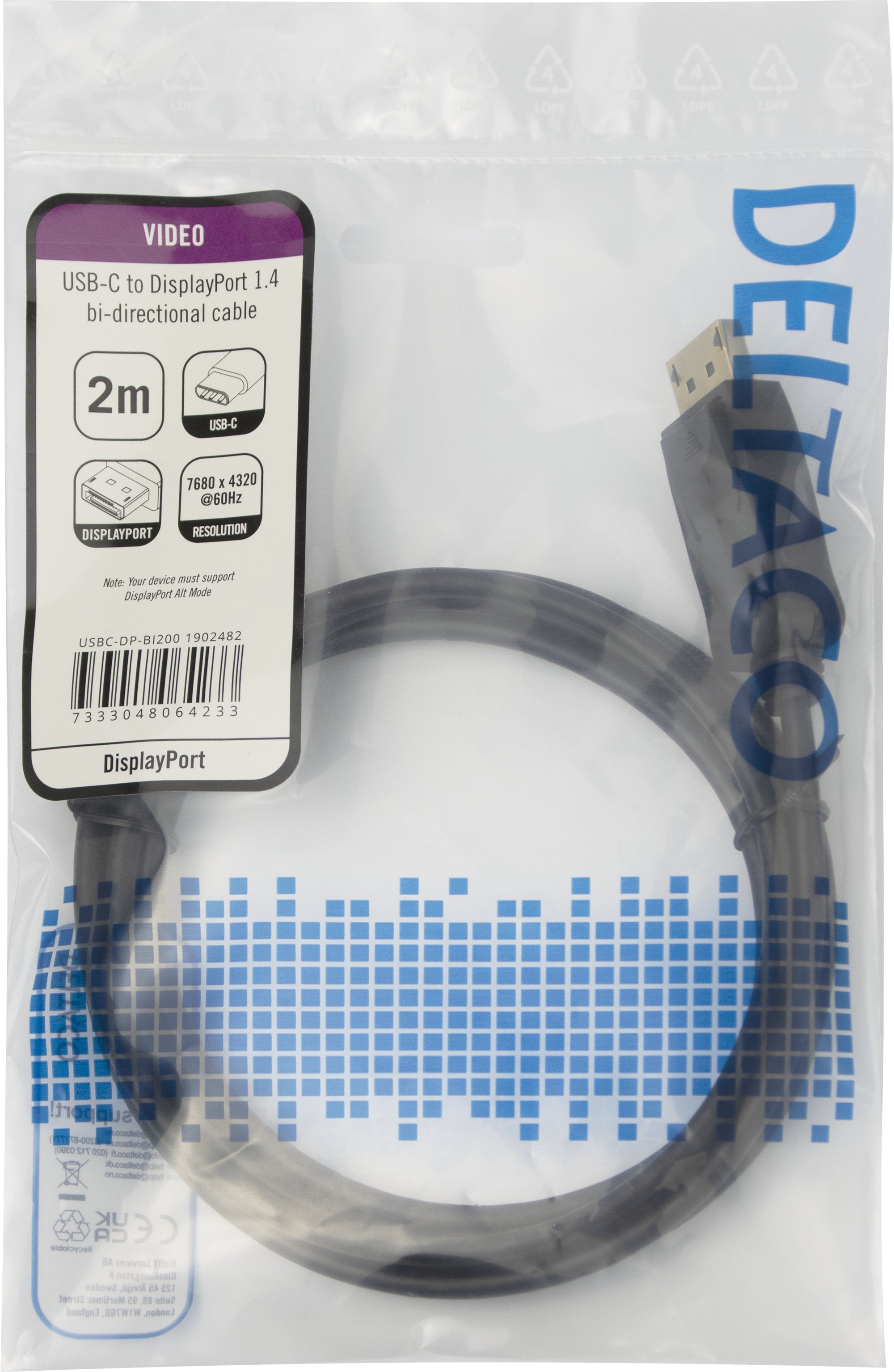 Deltaco 8k Usb-C/Displayport Kabel 7680x4320 30hz 2m Schwa