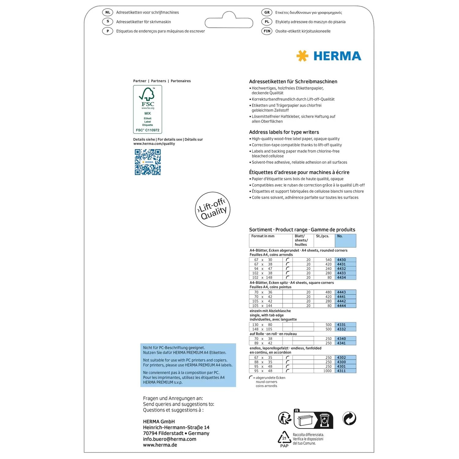 EAN 4008705044332 - HERMA 4433 etiqueta para dirección Blanco imagen 2