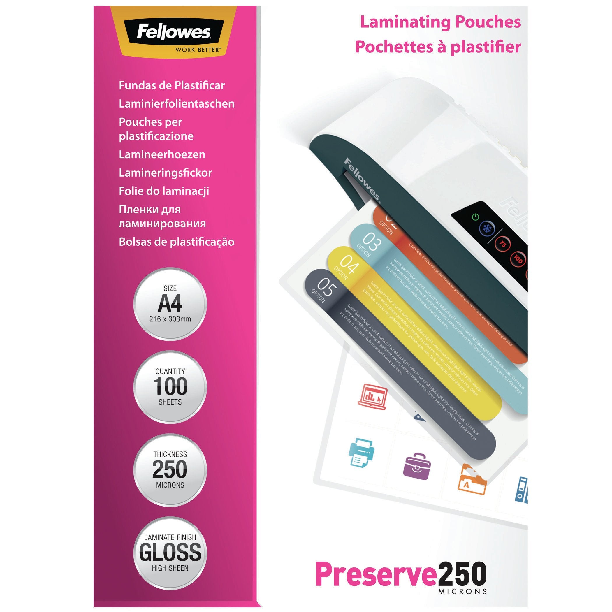 Fellowes A4 Glossy 250 Micron Laminating Pouch - 100 Pack