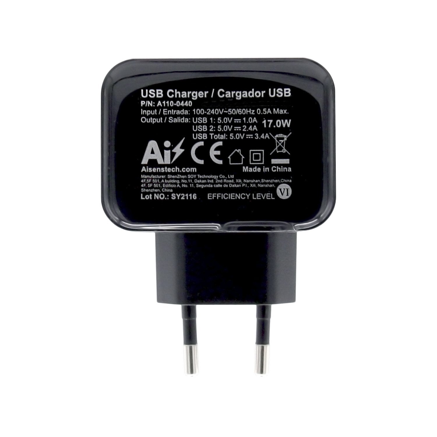 Aisens Cargador Usb 17w 5v/3.4a - 2xusb Con Control Ai - Negro