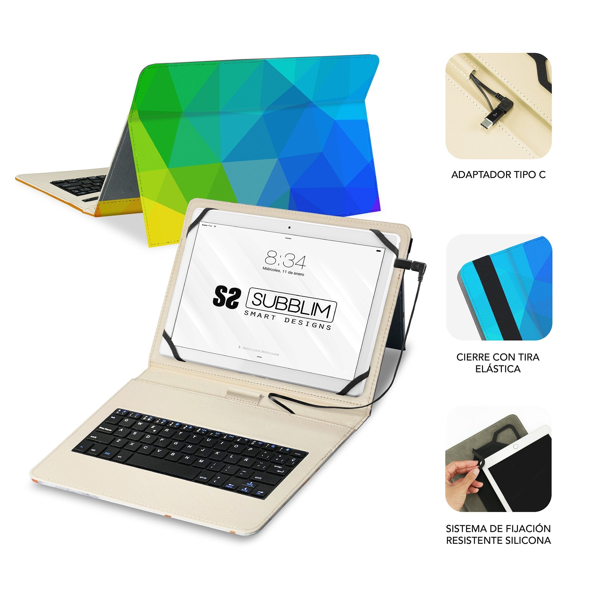 EAN 8436586742492 - SUBBLIM FUNDA + TECLADO TABLET KEYTAB USB TRIANGULOS QWERTY Español MicroUSB Multicolor imagen 3