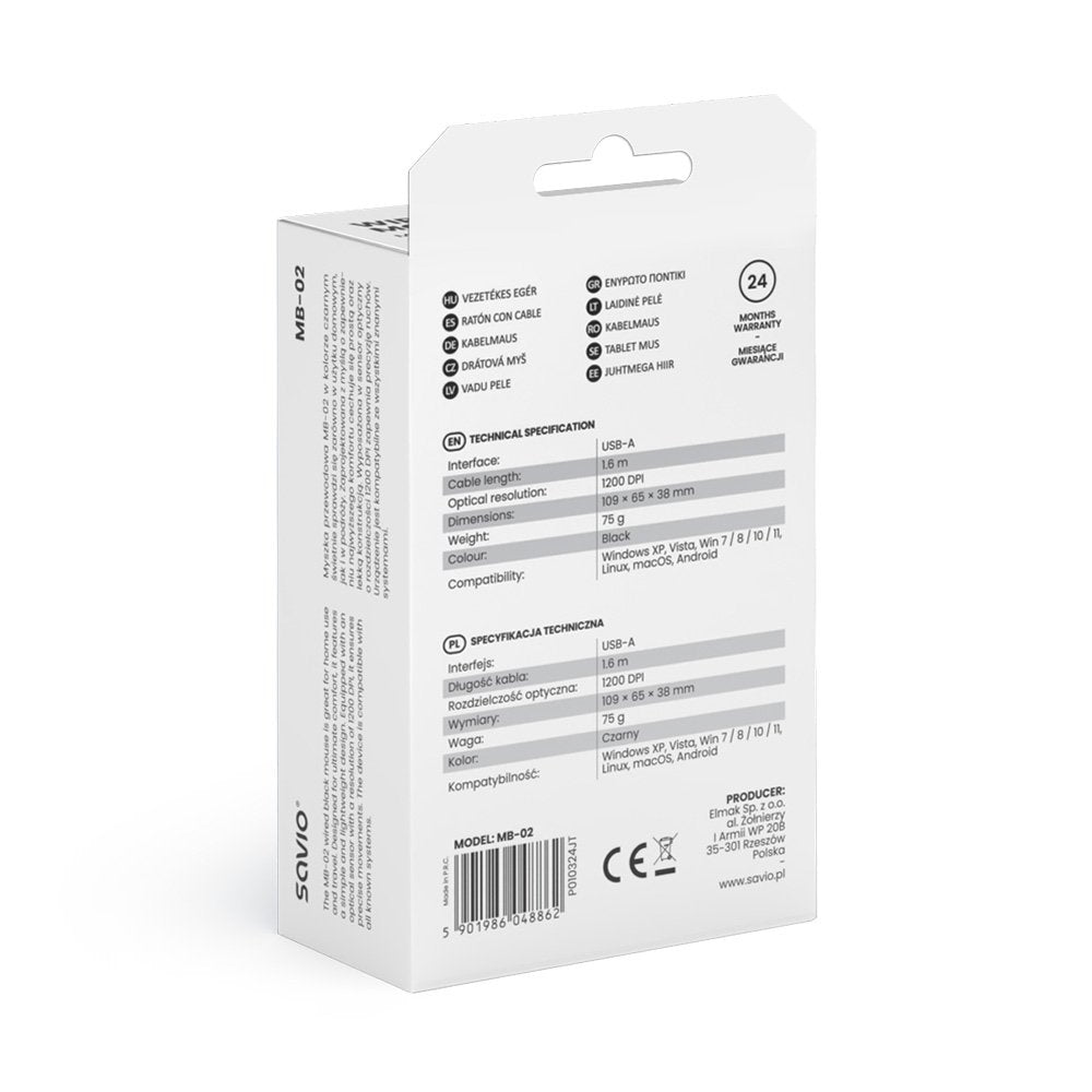 Raton Savio Mb-03 Optico Con Cable Usb(A) 1200 Dpi