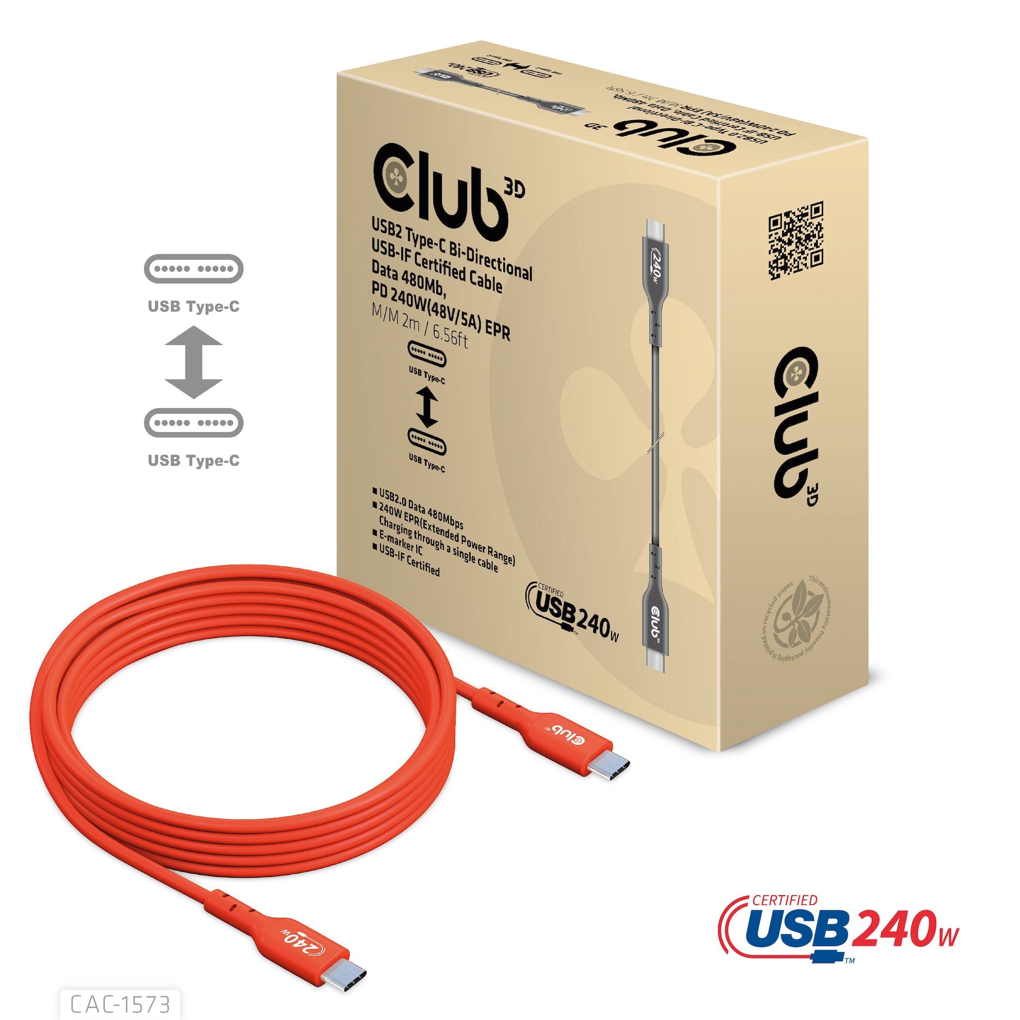 Club3d Cable Usb Tipo C Pd 240w / 480mb 2m M/M Retail