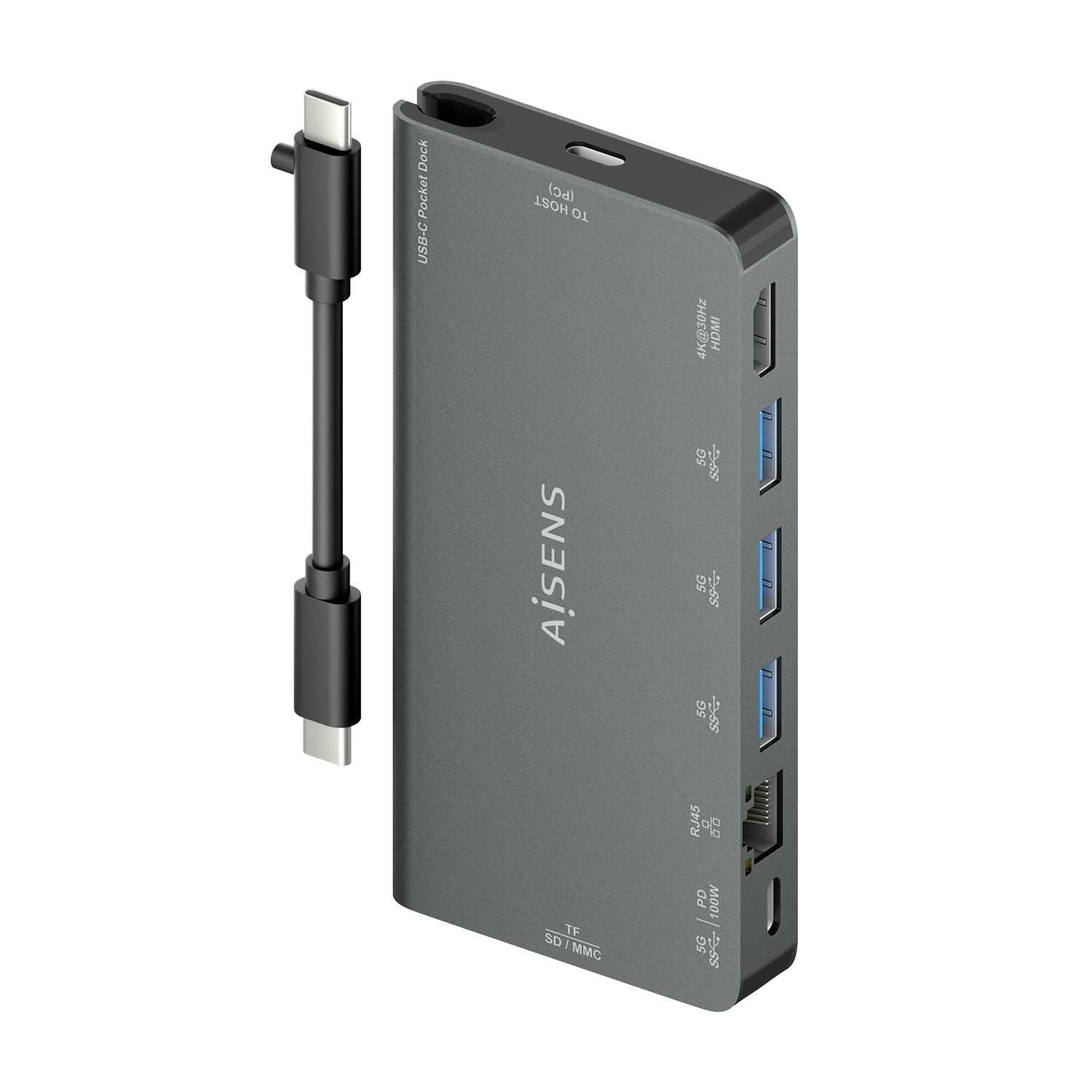 Aisens Usb-C Dock 8 En 1 - Usb-C A 1xhdmi - 1xrj45 - 3xusb-A - 1xusb-C Datos+Pd - 1xsd - 1xmicro Sd - 10cm - Gris