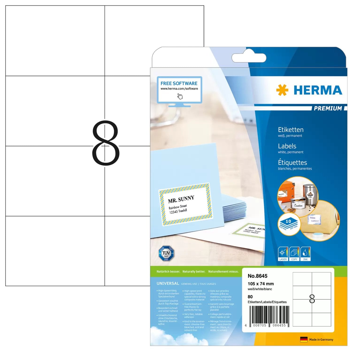 EAN 4008705086455 - HERMA 8645 etiqueta autoadhesiva Rectángulo Permanente Blanco 80 pieza(s) imagen 1