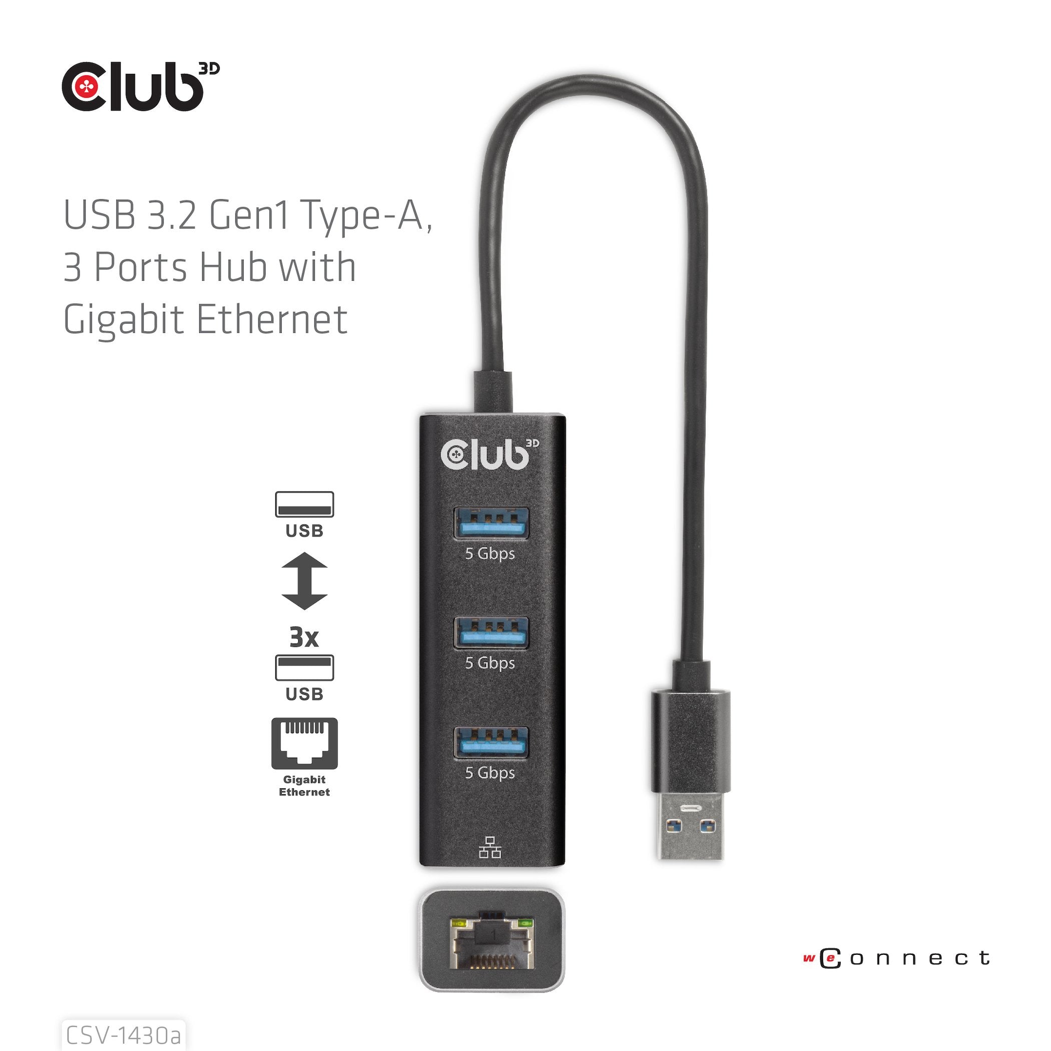 Club3d Usb 3.2 Gen1 Tipo-A, Hub De 3 Puertos Con Gigabit Ethernet