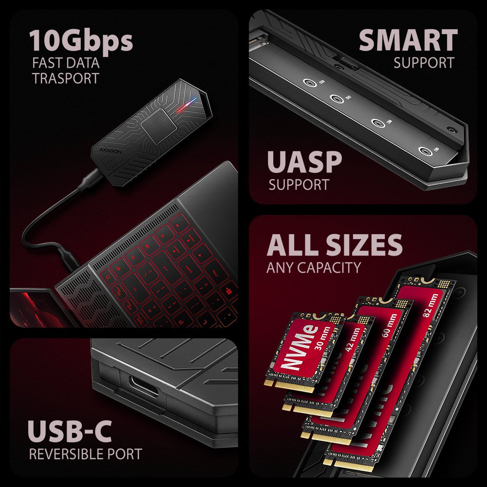 EAN 8595247908544 - Axagon EEM2-GAM, USB-C 10Gbps - NVMe & SATA SSD GAME M.2 box, bezšroubkový Caja externa para unidad de es imagen 12
