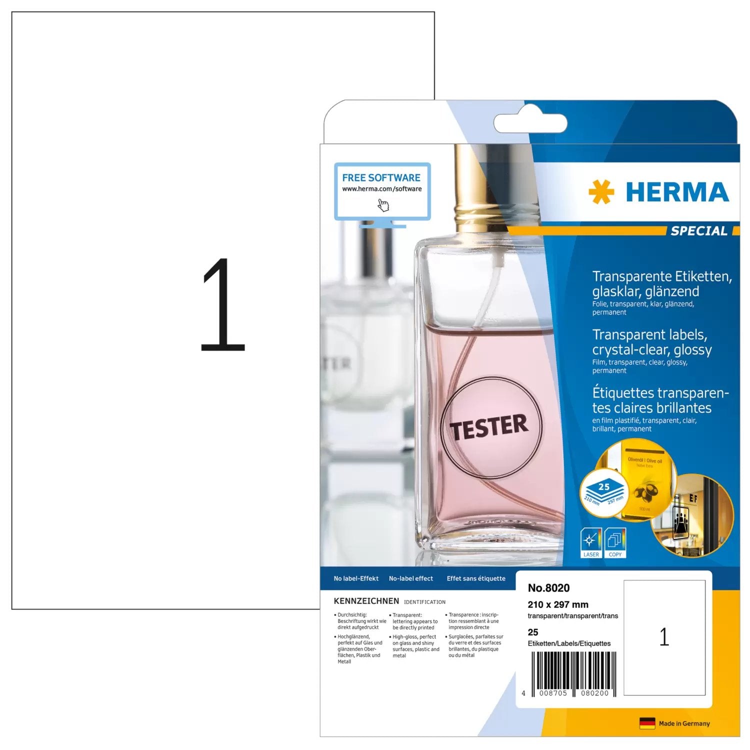 EAN 4008705080200 - HERMA 8020 etiqueta de impresora Transparente Etiqueta para impresora autoadhesiva imagen 1
