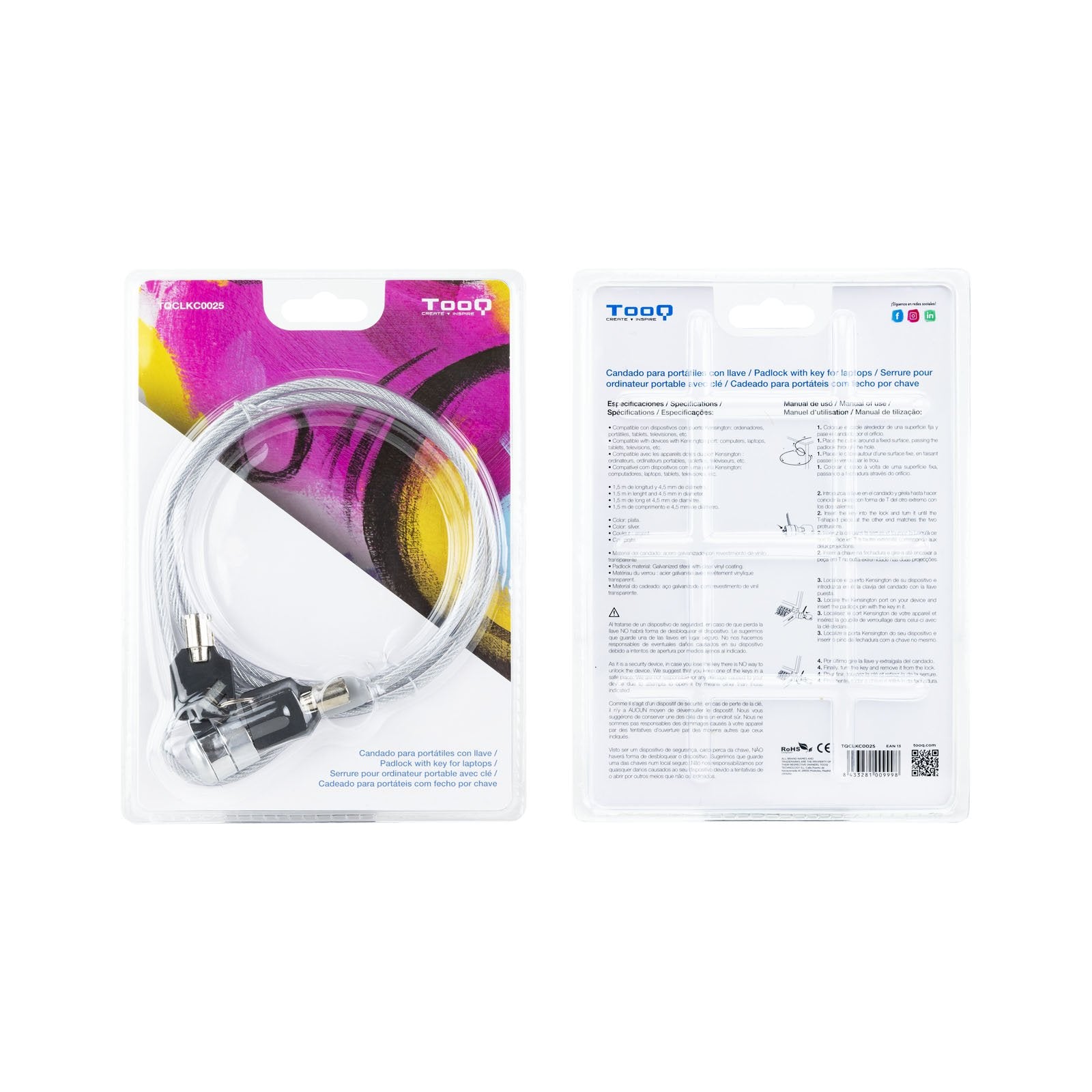 EAN 8433281009998 - TooQ TQCLKC0025 cable antirrobo Plata 1,5 m imagen 10