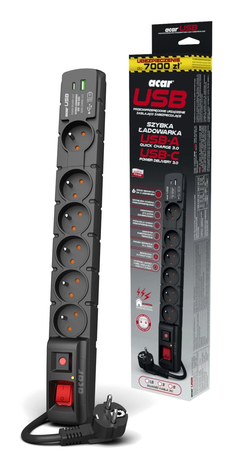 Regleta Acar S6 Usb Pd 3.0 Qc 6 Gniazd 1.5m