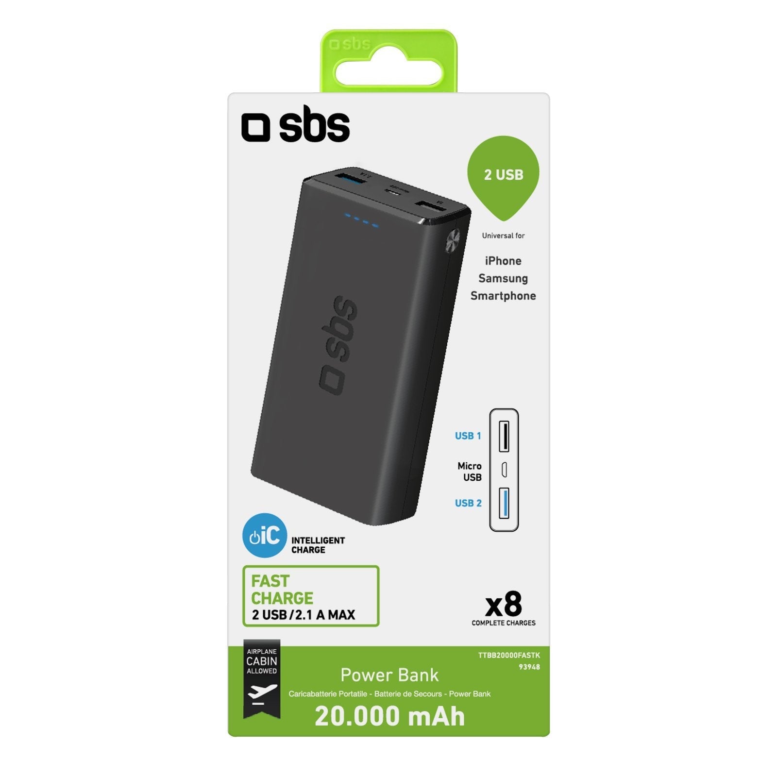 Power Bank Sbs Ttbb20000fastk | 20000 Mah 2x Usb 2.1a Negro