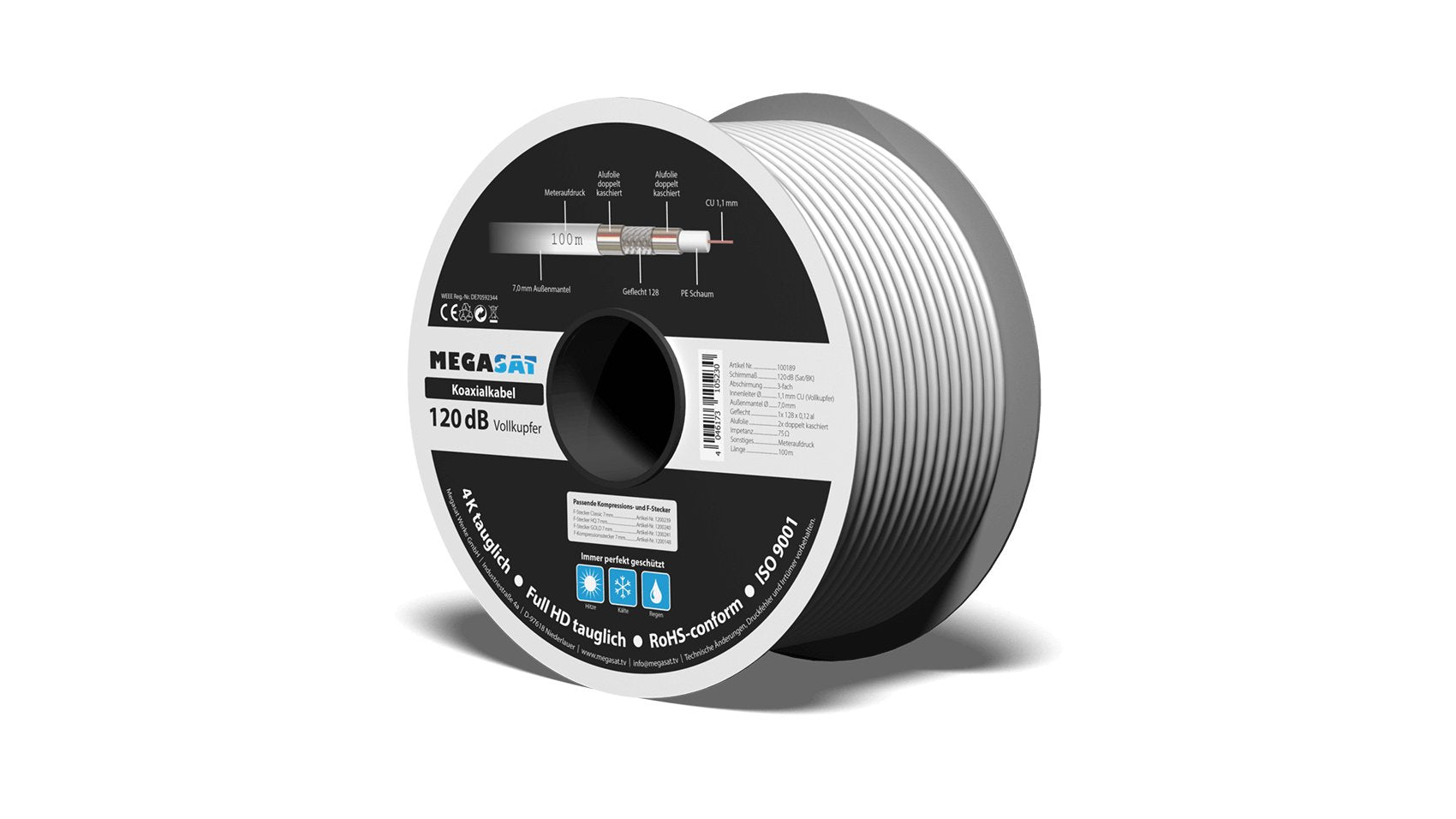 Megasat Vollkupfer Koaxcable 500m Trommel,120db,3-Fach Geschirmt