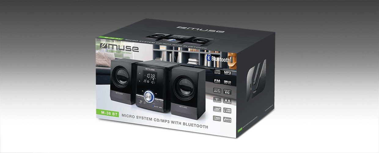 Muse Microcadena Cd Mp3 Bluetooth Usb Aux (M-38 Bt) Muse M-38 Bt, Home Audio Micro System, Negro, 1 Discos, 10 W, De 2 Vías, Fm