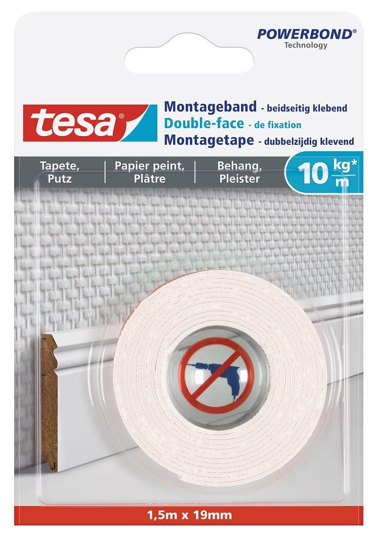 Línea De Montaje Tesa, 1,5m X 19mm, Para Papel Pintado Y Yeso, Hasta 10kg/M, Blanco